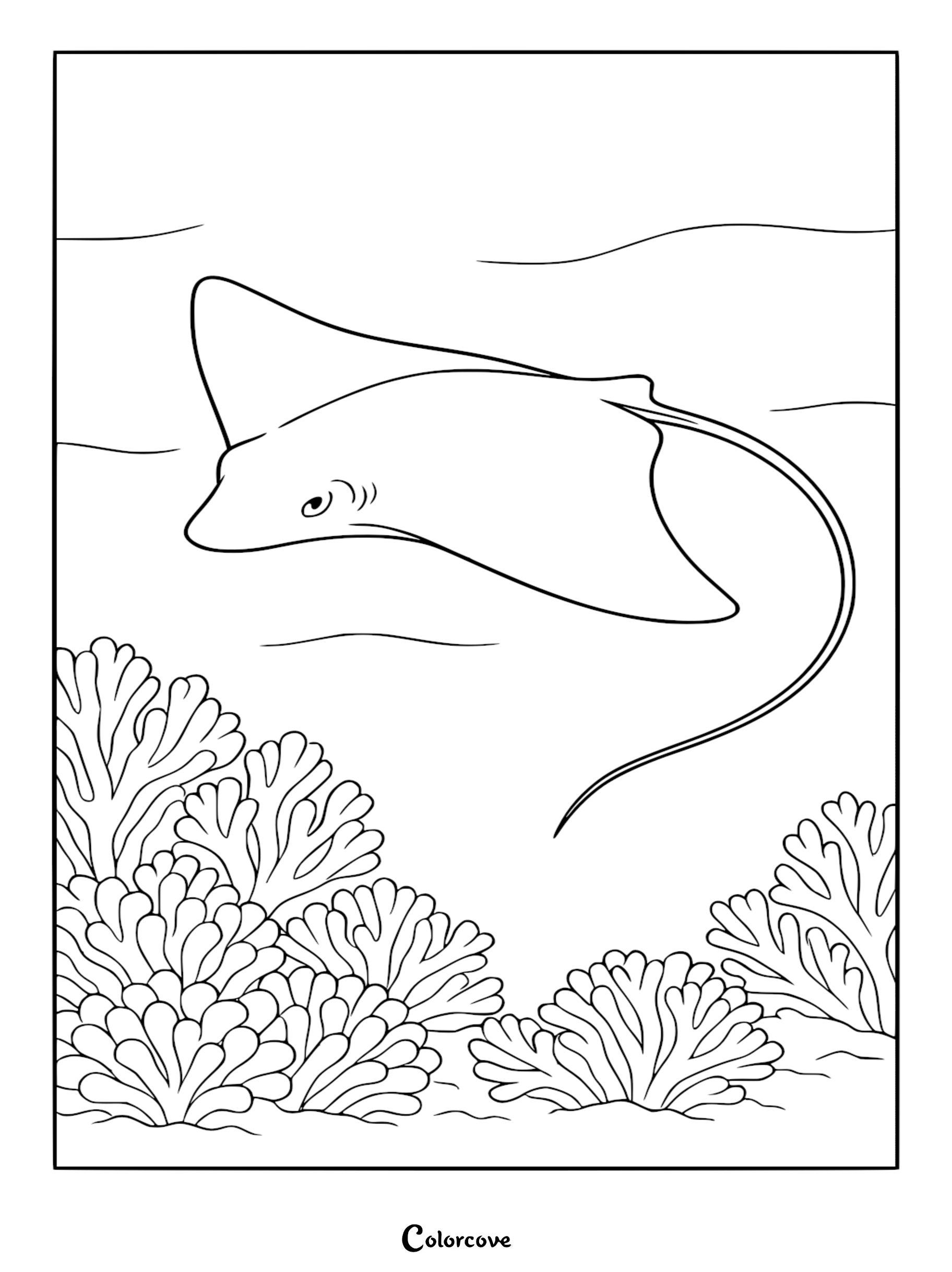 A printable stingray coloring page featuring a graceful ray gliding over detailed ocean coral formations.
