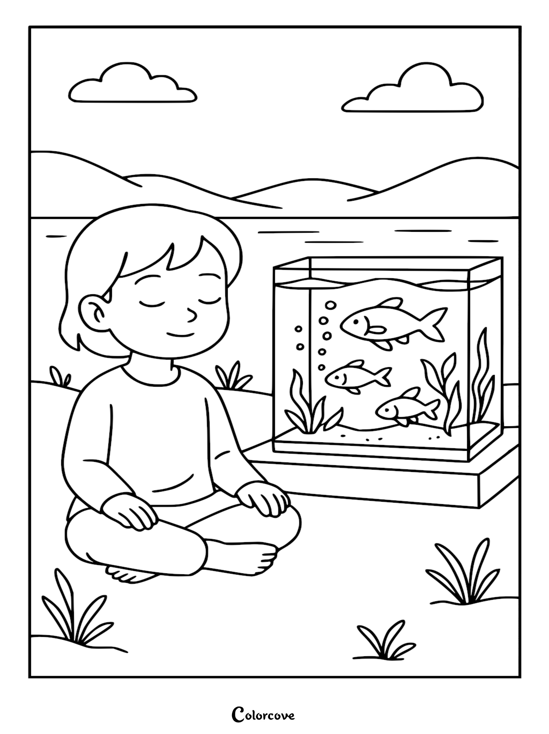 A young girl sits in a meditative lotus position beside a glass aquarium filled with fish and aquatic plants, presented as a printable line art coloring page.