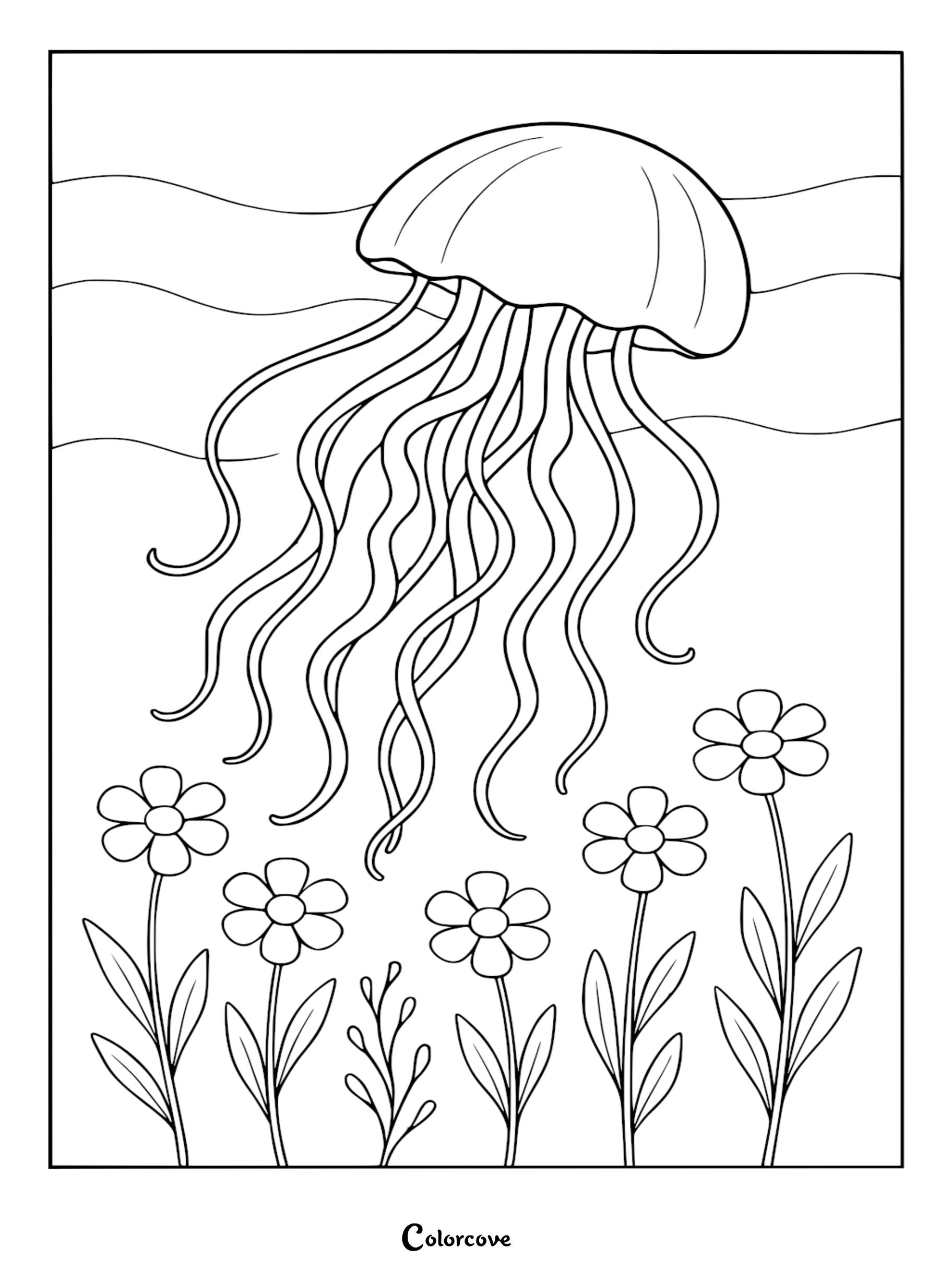 A whimsical line art coloring page featuring a graceful jellyfish swimming above a patch of simple, hand-drawn garden flowers with wavy ocean currents in the background.