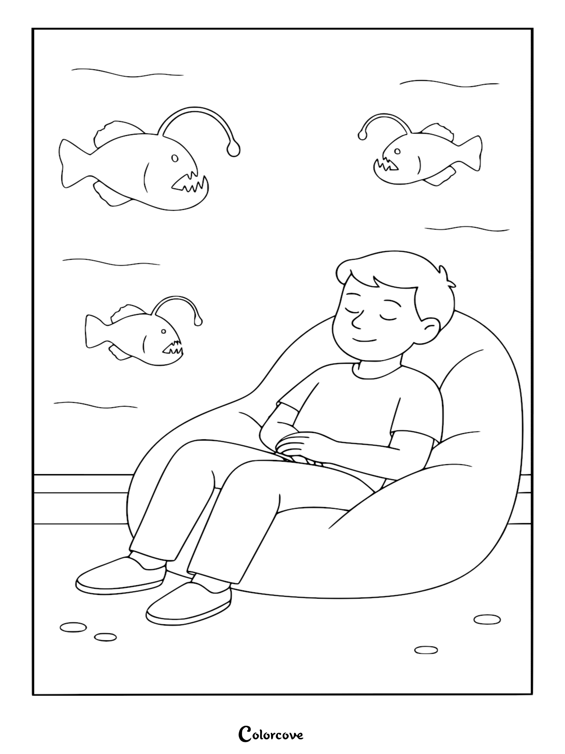 A calm boy relaxing in a beanbag chair inside an aquarium surrounded by three swimming anglerfish, black and white coloring page.