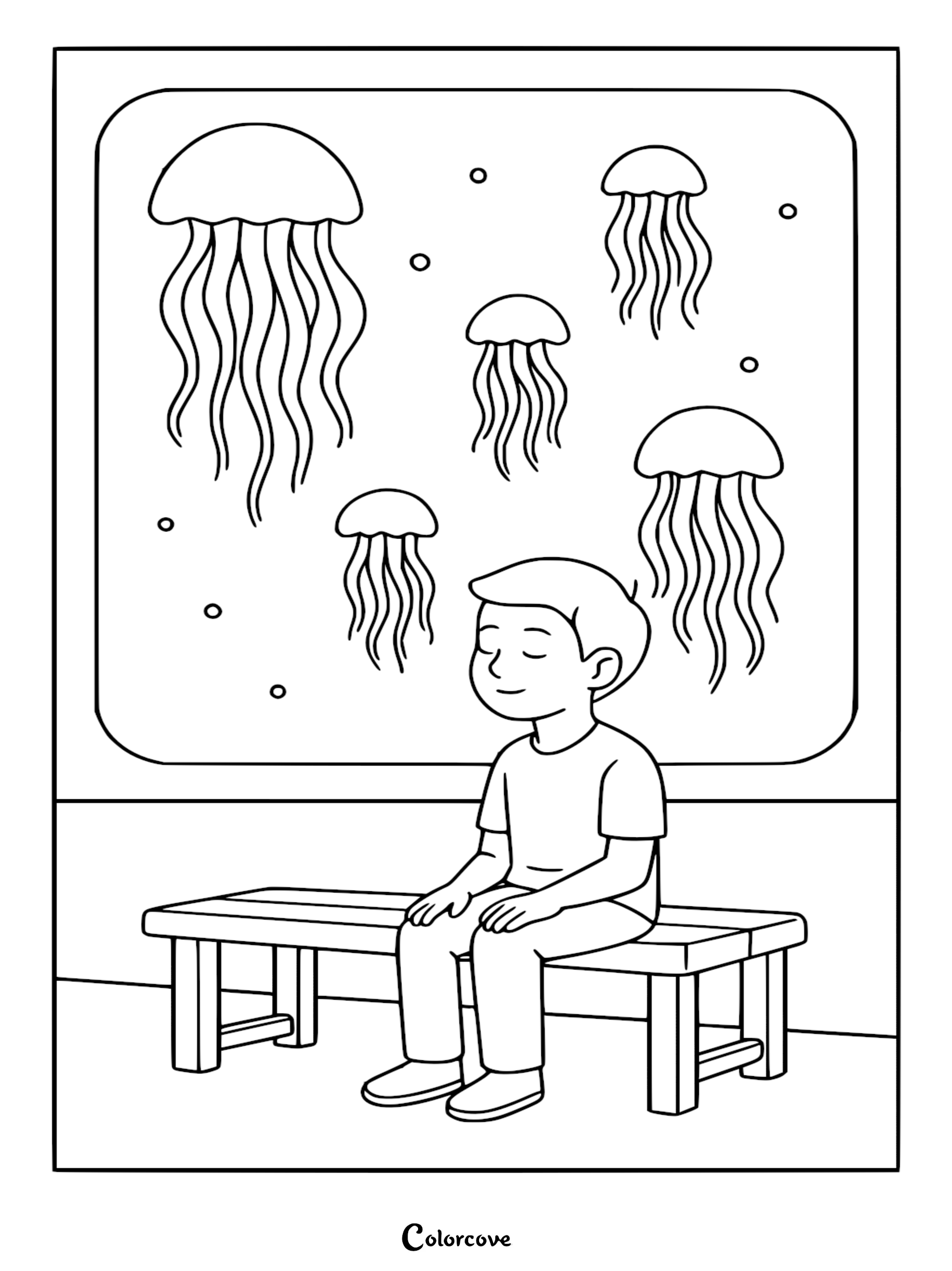 A young boy sitting on a bench watching five jellyfish in a large tank, printable aquarium coloring page.