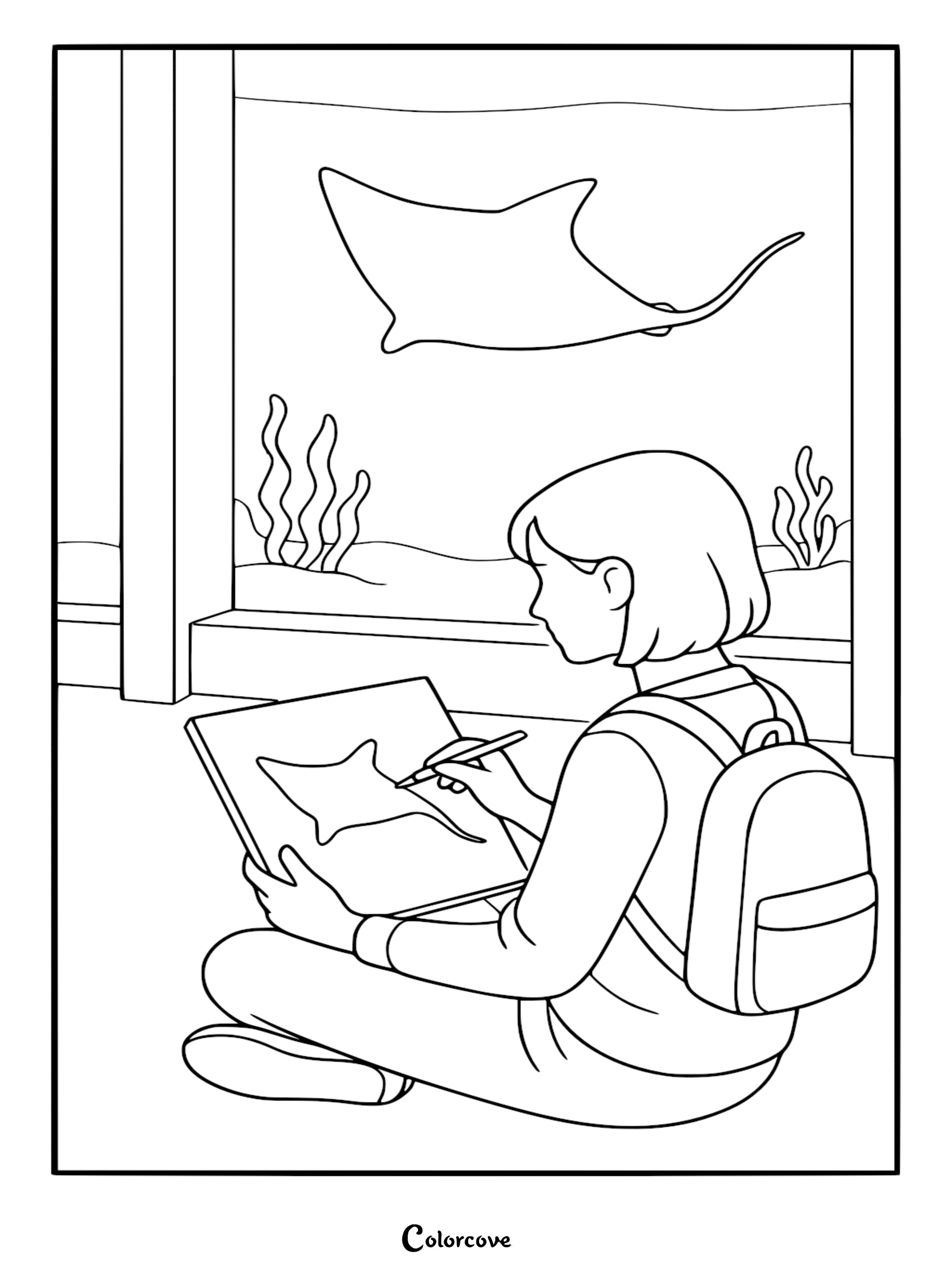 A young girl with a backpack sitting on the floor sketching a stingray at an aquarium, line art coloring page.