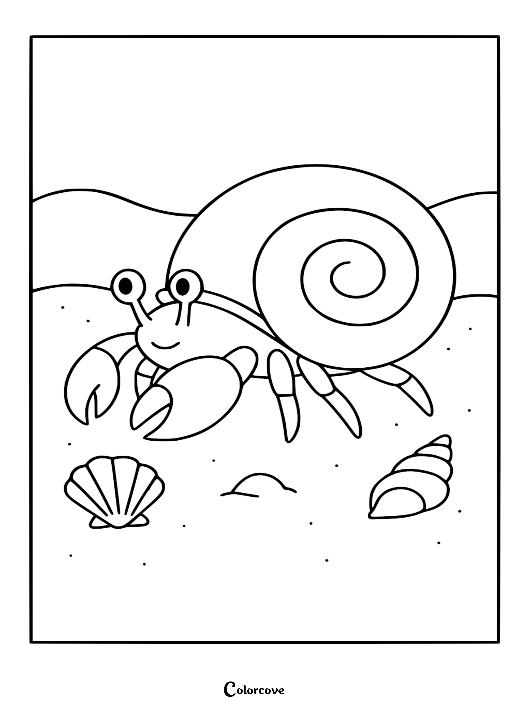 A friendly hermit crab with a spiral shell walking on a sandy ocean floor as a coloring page with seashells nearby.