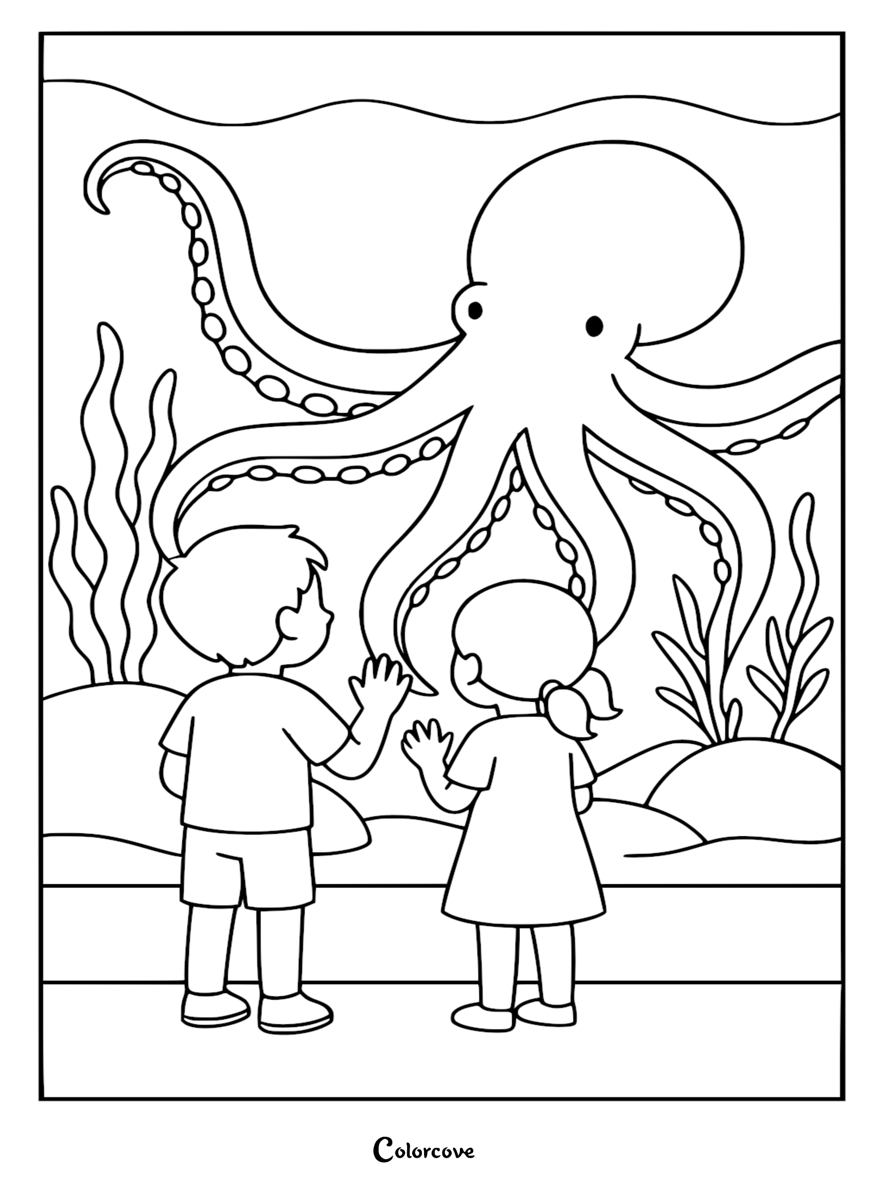 Children observing a large octopus behind glass at a free aquarium coloring page with seaweed and sand background.