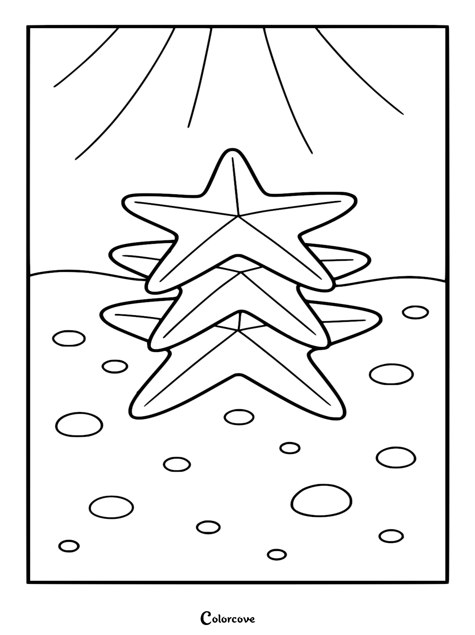 A printable coloring page featuring three starfish stacked vertically on a sandy ocean floor with underwater sun rays.