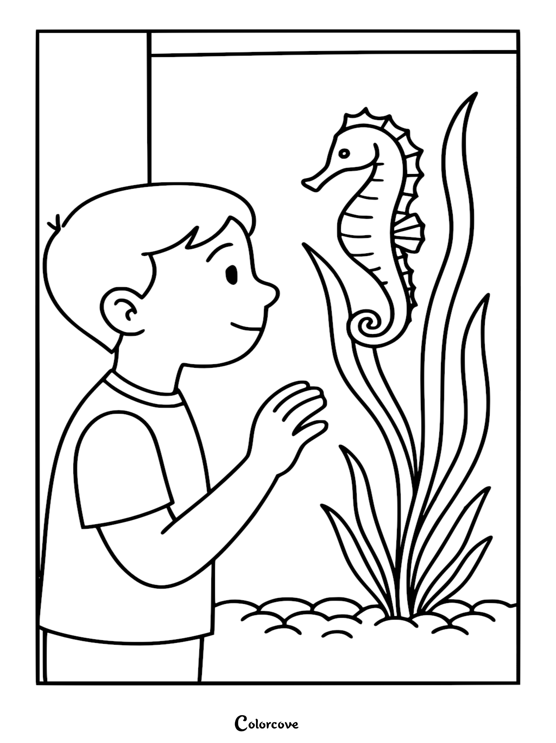 A curious boy looking at a seahorse in an aquarium glass tank in this printable coloring page.
