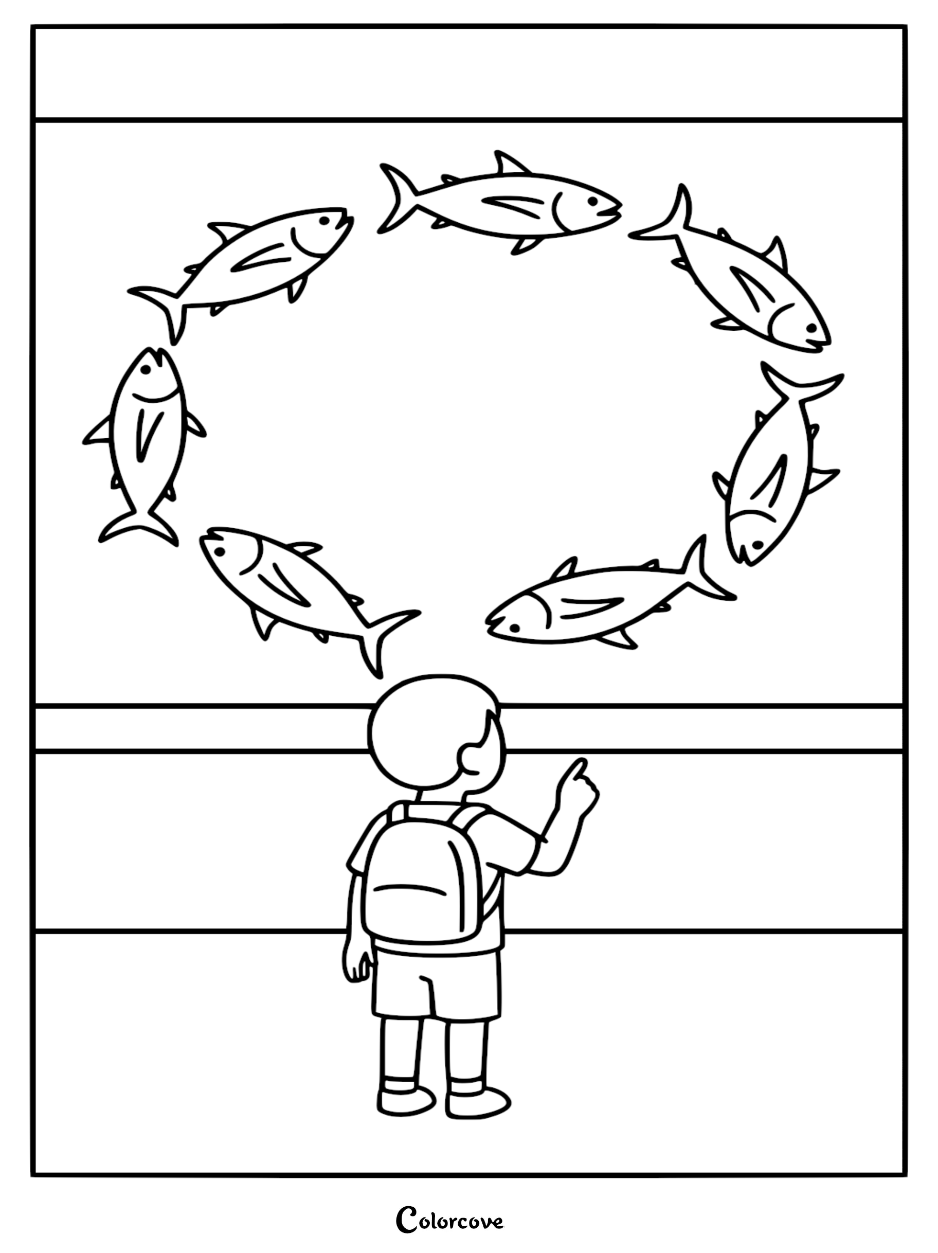 A school of tuna fish swimming in a circle behind aquarium glass as a young boy with a backpack points at them in this free printable coloring page.