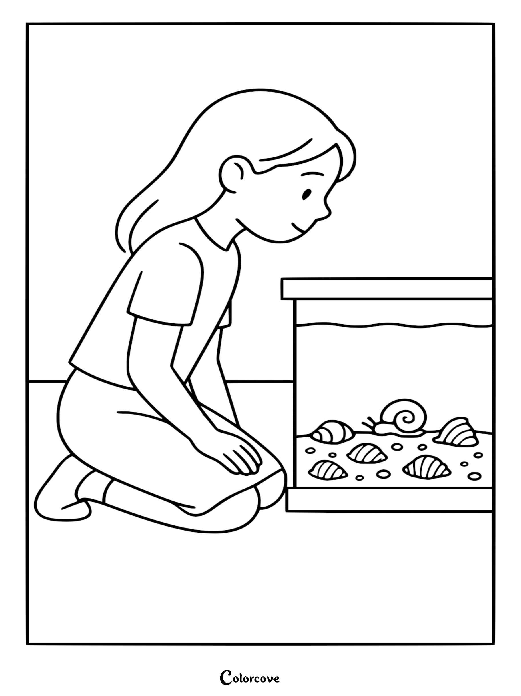 A young girl kneeling on the floor, curiously looking at a small aquarium with a snail and decorative shells inside, black and white line art coloring page.