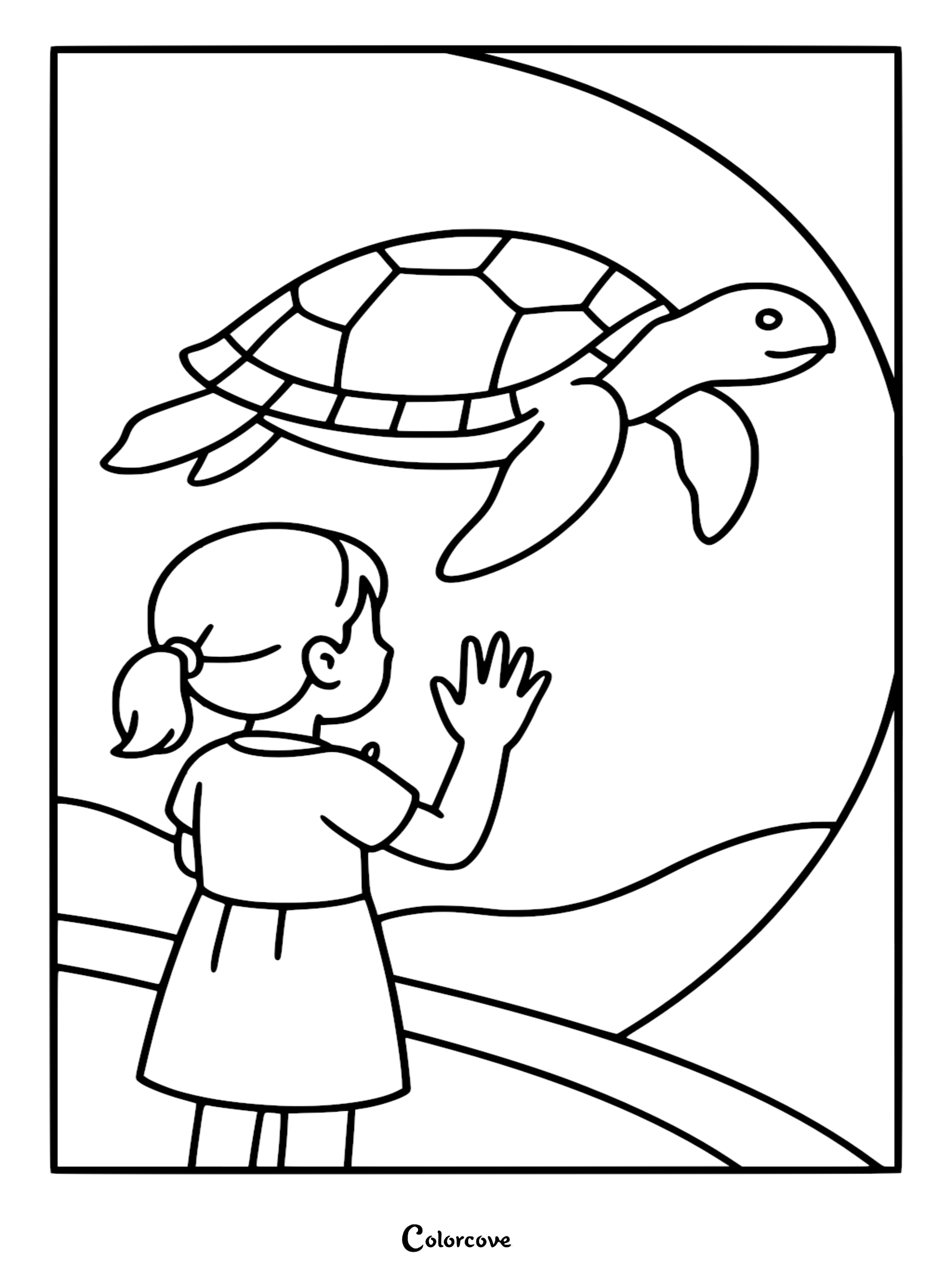 A girl in a dress waving at a swimming sea turtle through an aquarium glass window in this printable coloring page.