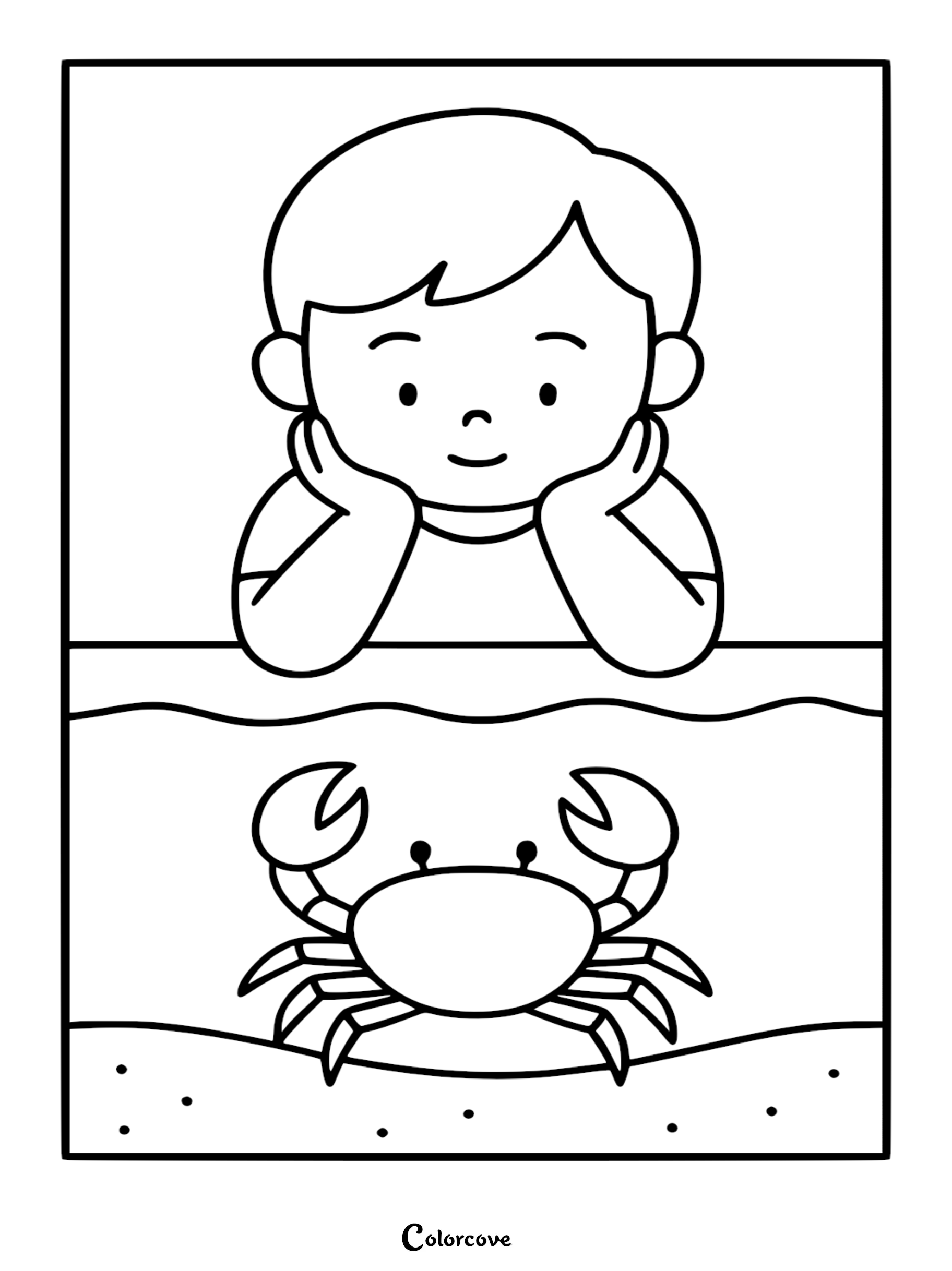 A printable coloring page featuring a young boy leaning his chin on his hands, looking down into an aquarium at a small crab on the sandy floor.