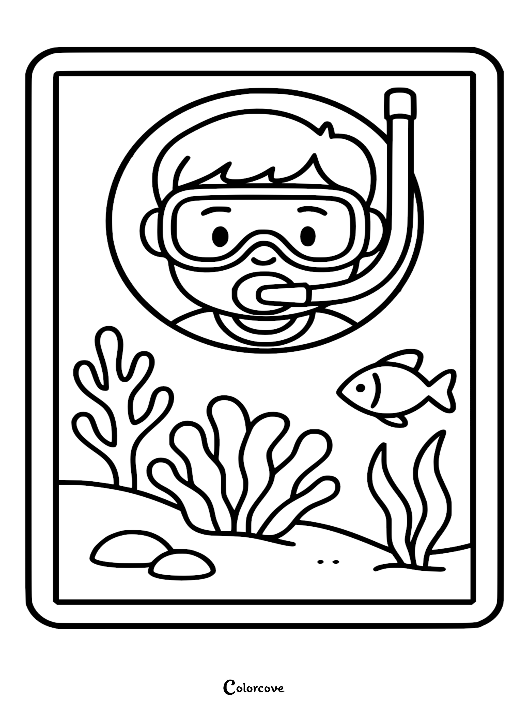 A printable coloring page featuring a boy wearing a snorkel mask underwater, swimming near coral, seaweed, and a small fish.