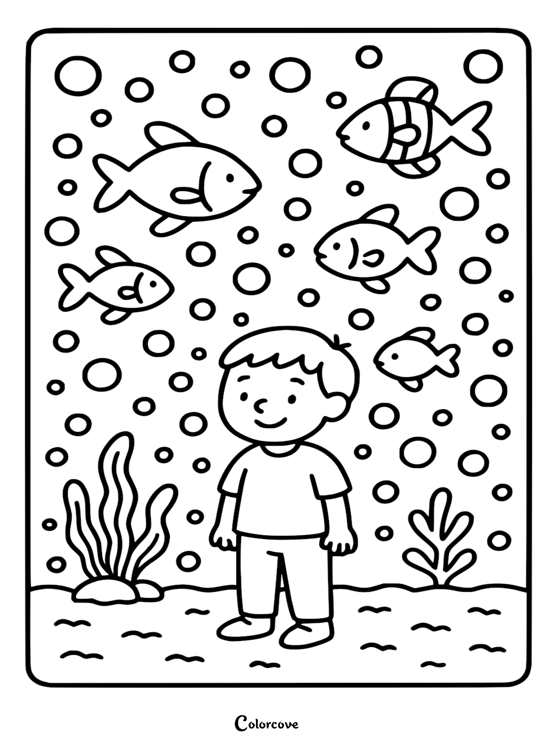 A young boy stands on the sandy floor of an aquarium surrounded by swimming fish and bubbles in this printable coloring page.