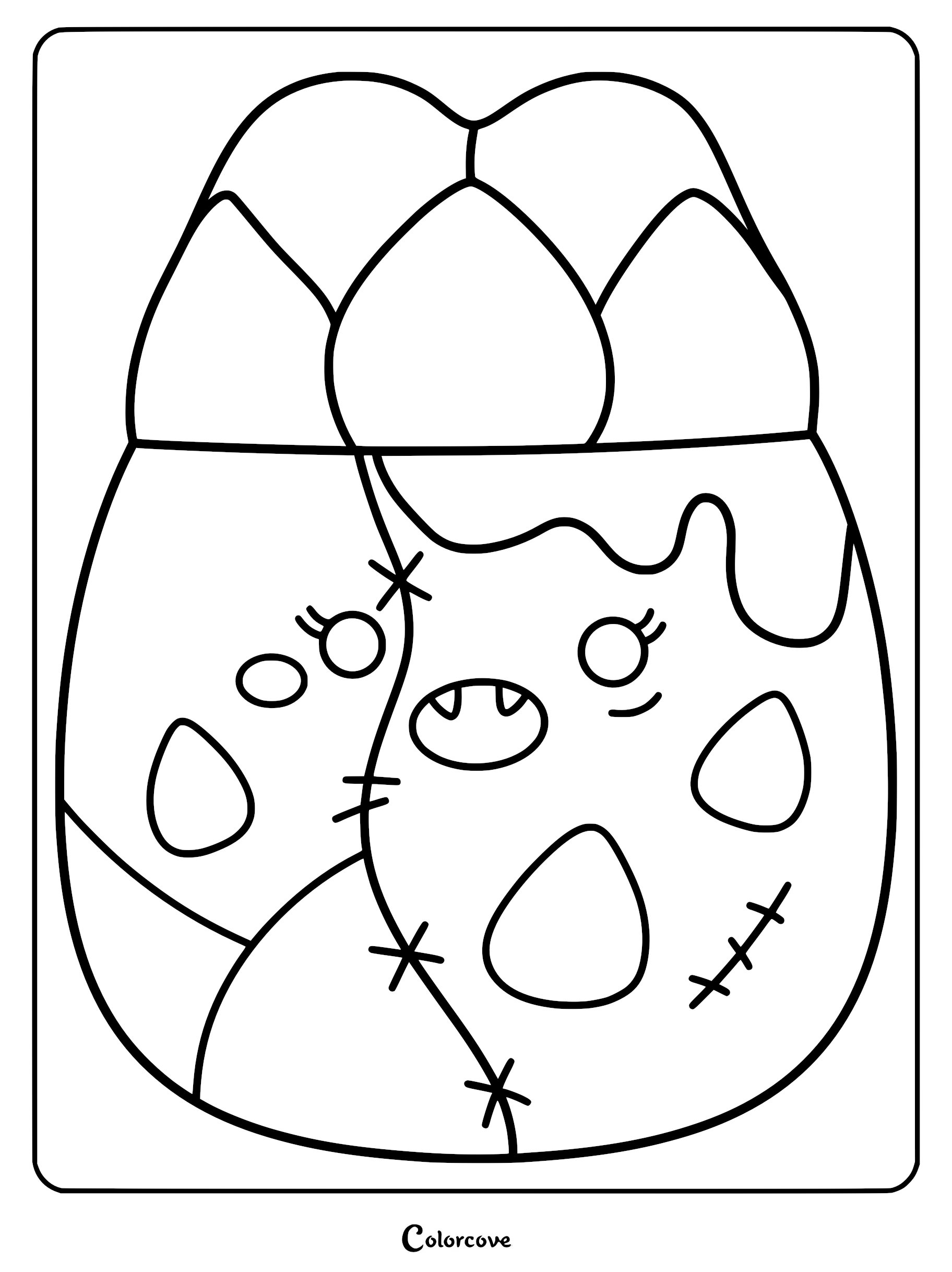 Printable coloring page of Anara the Zombie Asparagus Squishmallow featuring stitched skin, pointy vampire fangs, and vegetable-inspired head shape.