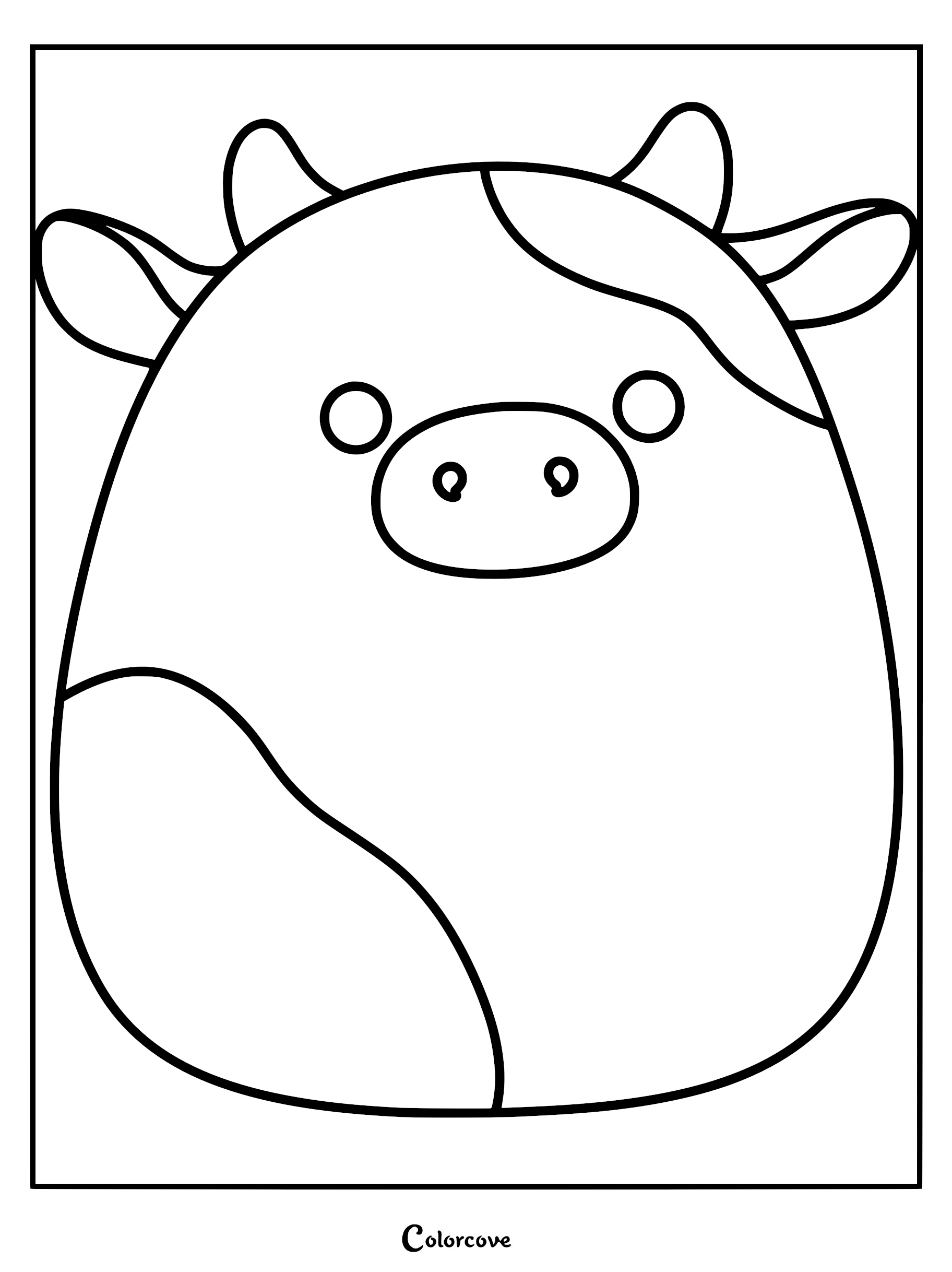 A printable Squishmallow coloring page featuring Connor the Cow with round eyes, small horns, and a spotted pattern.
