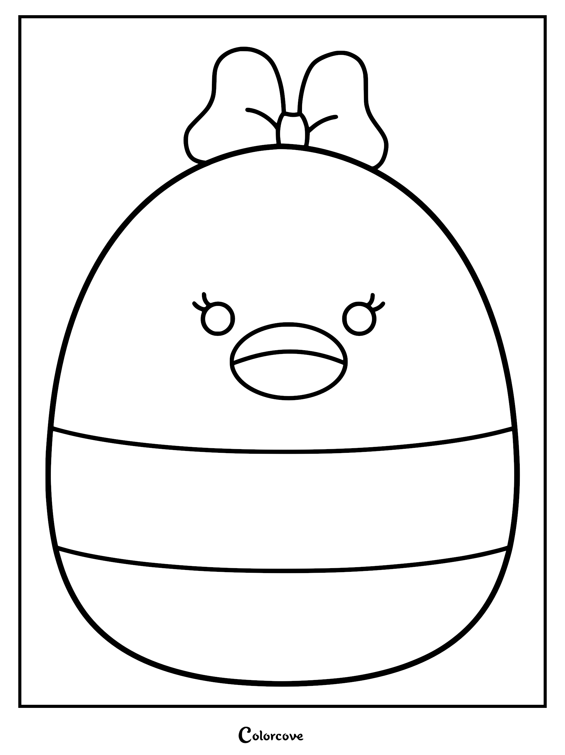 A cute Daisy Duck Squishmallow style line art coloring page featuring a round plush character with a bow, eyelashes, and bill.