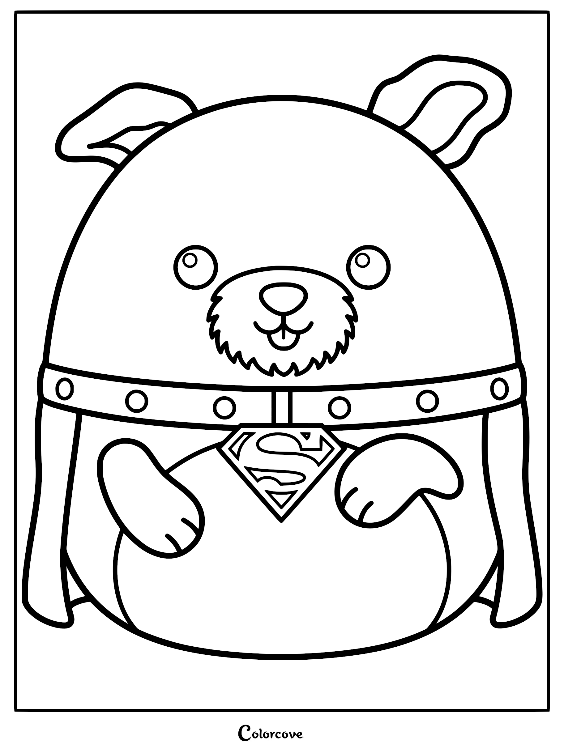 Round Krypto the Superdog Squishmallow coloring page with a studded collar and a Superman logo chest emblem.