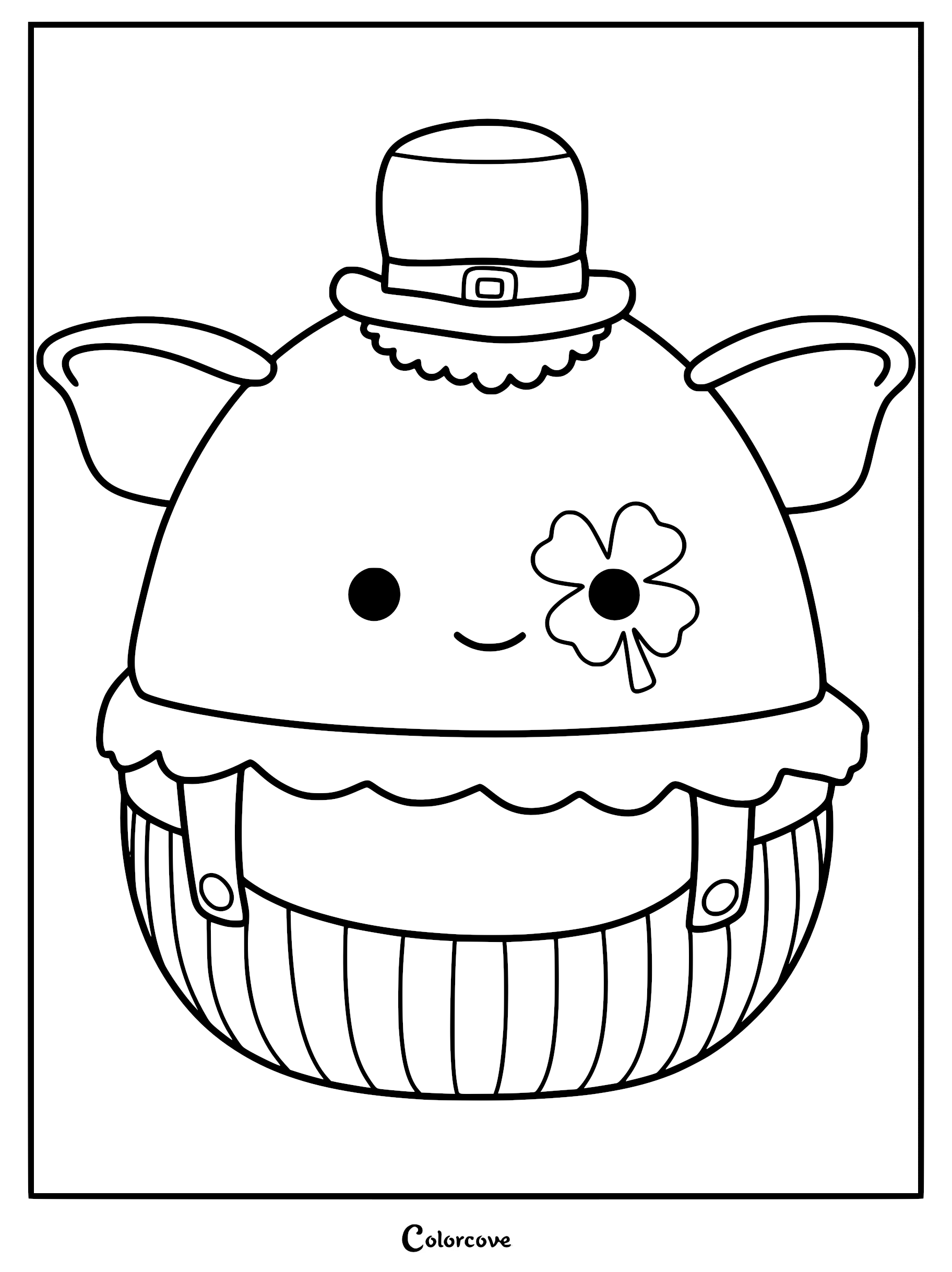 A cute Squishmallow coloring page of Denny the St. Paddy's Day Troll wearing a leprechaun hat and featuring a four-leaf clover over one eye.