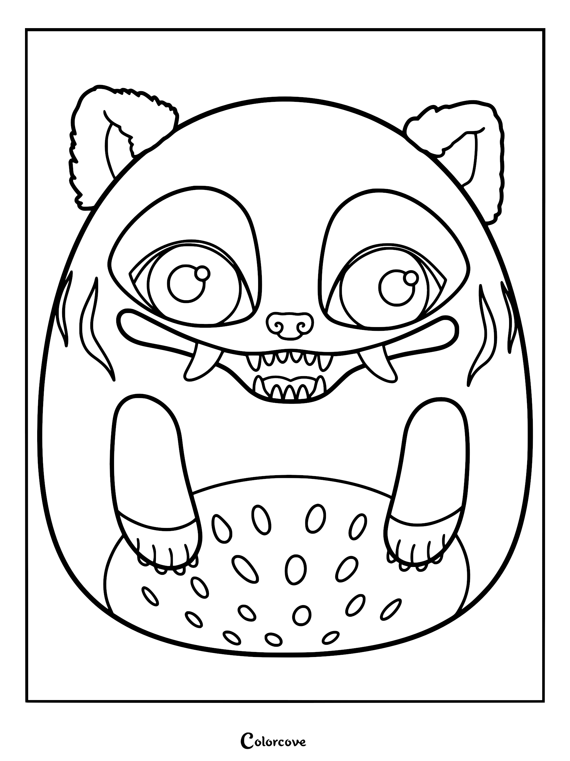 A printable coloring page featuring a derpy Kpop Demon Hunter Squishmallow, showcasing large expressive eyes, sharp fangs, furry ears, and a polka-dot belly.