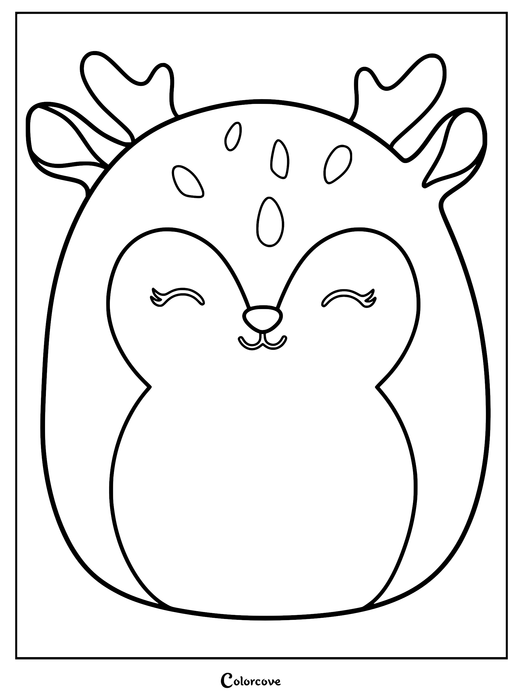 A cute black and white coloring page of Farryn the Purple Fawn Squishmallow featuring antlers, closed eyes with lashes, and small head spots.