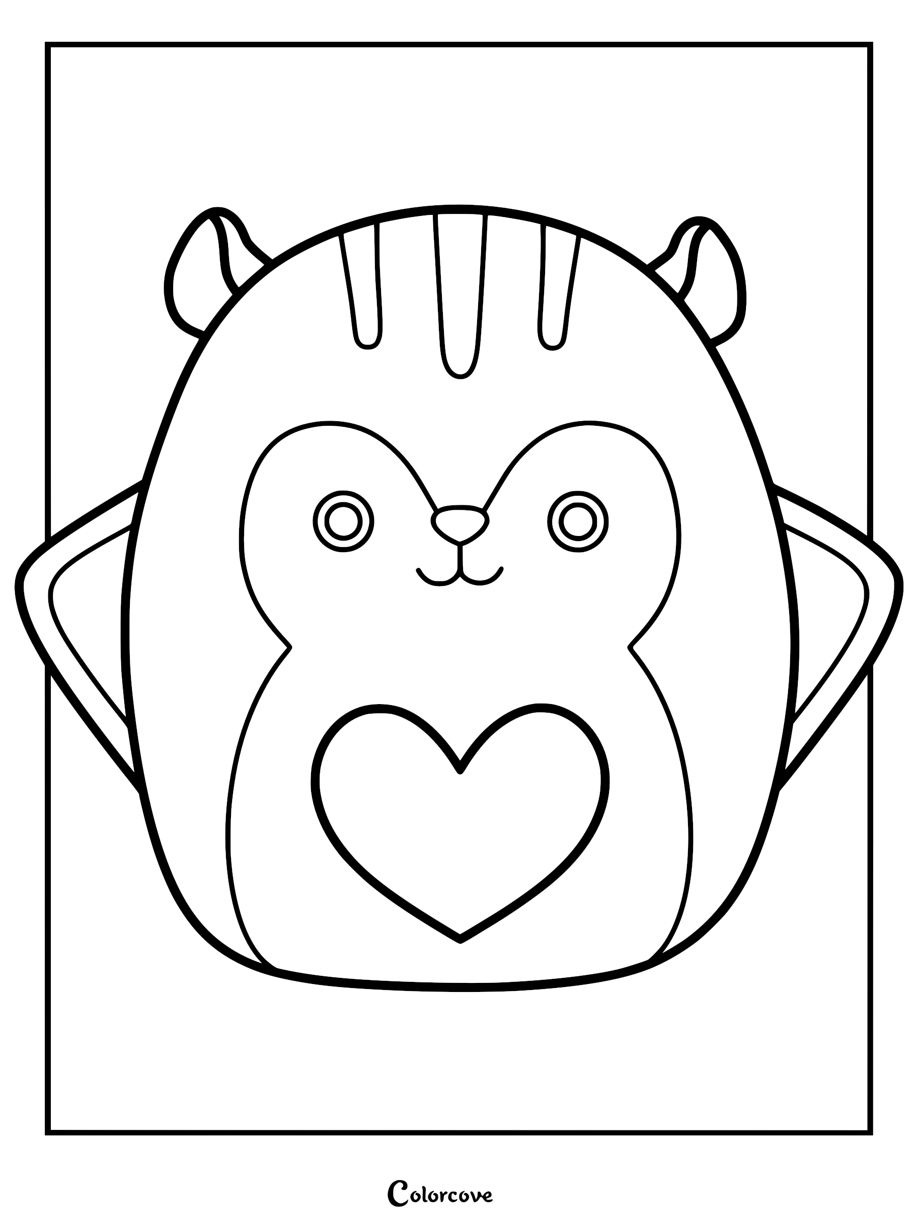 A cute Gabourey the Peach flying squirrel Squishmallow character outline coloring page featuring stripes on its head, large circular eyes, and a heart patch on its belly.