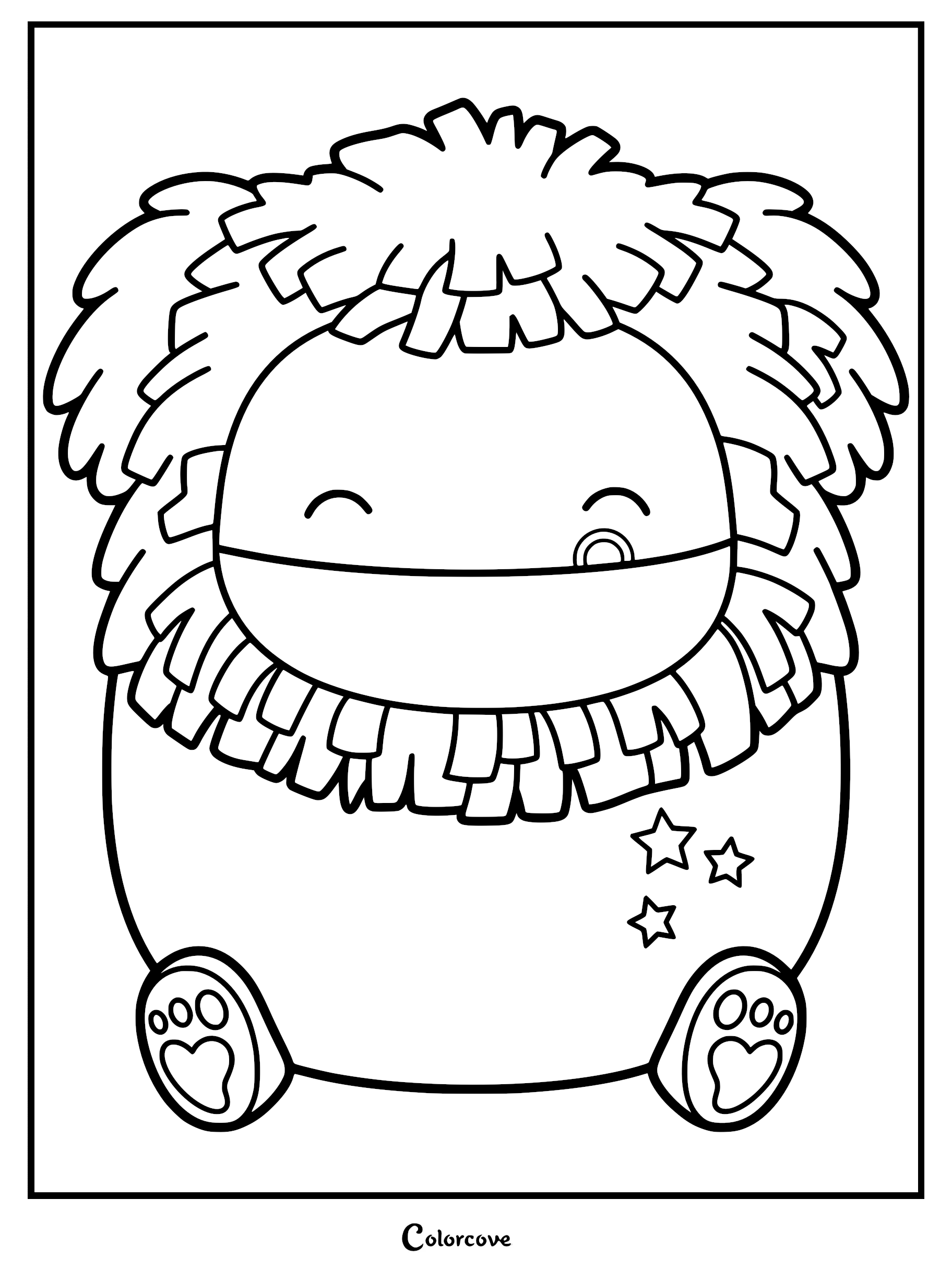 Printable line art of Galileo the Galaxy Bigfoot Squishmallow featuring shaggy hair, a winking expression, and stars on his belly, perfect as a free coloring page.