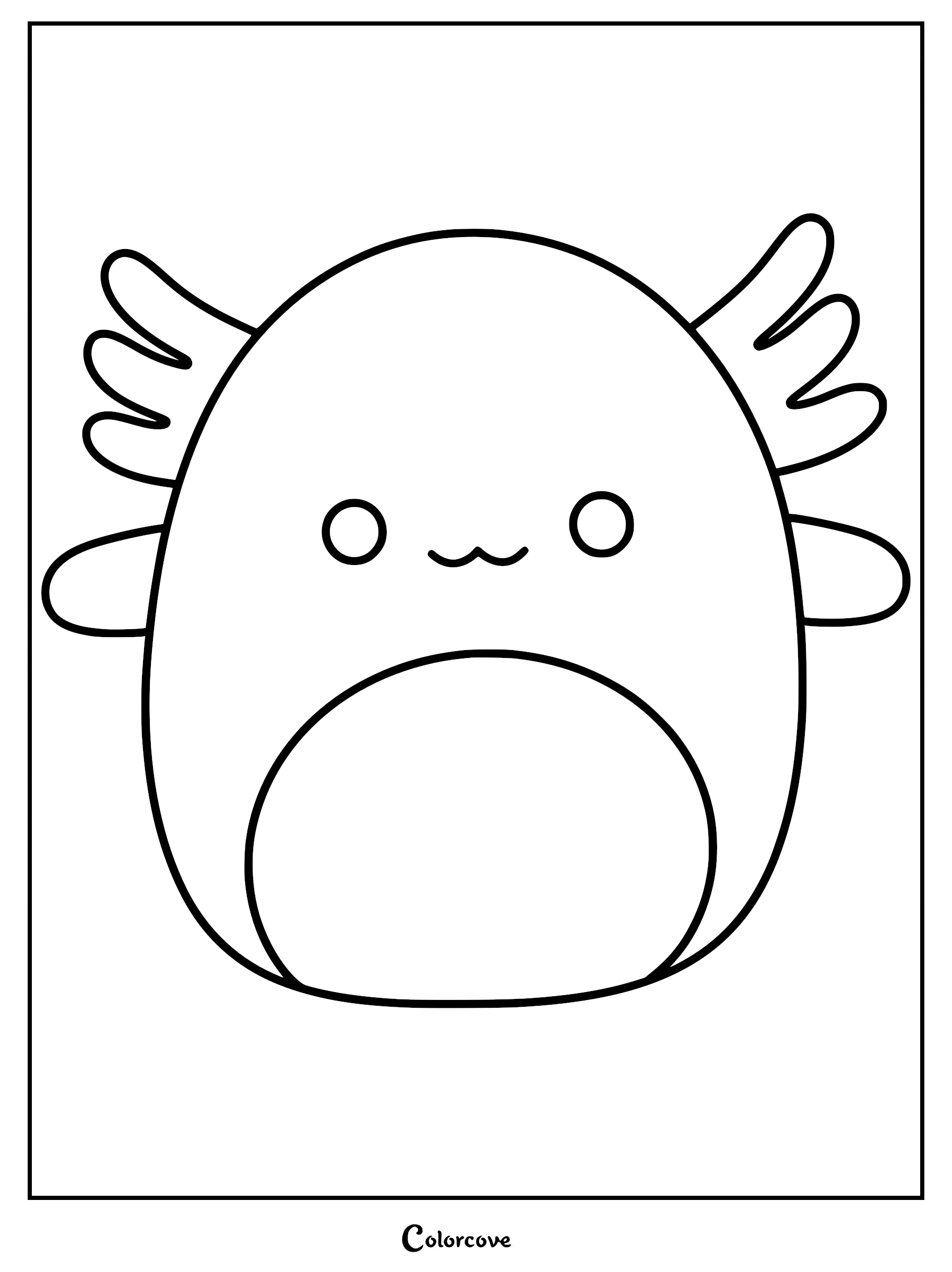 A printable axolotl Squishmallow coloring page featuring a cute round character with external feathery gills and a small w-shaped mouth.