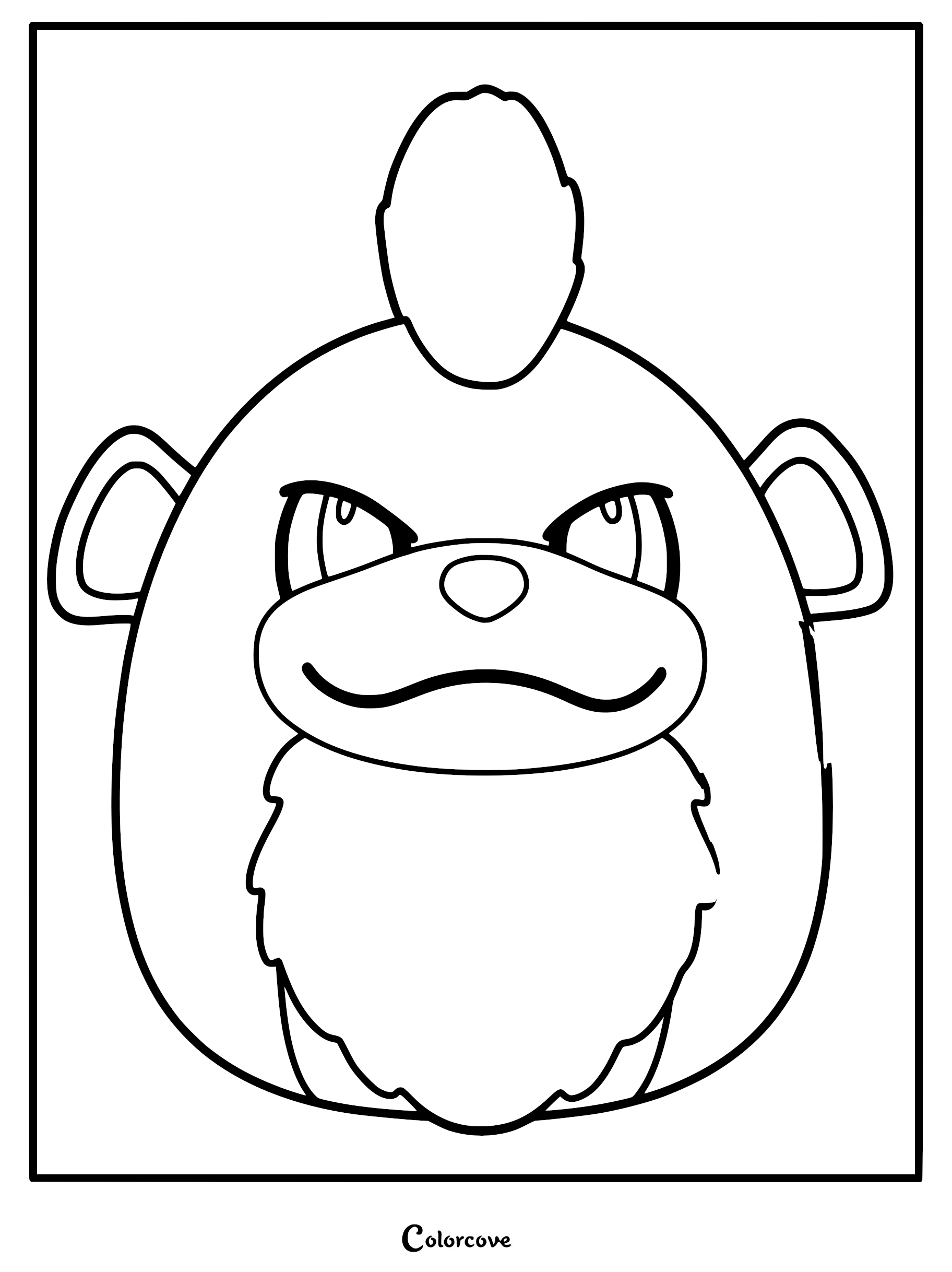 A printable coloring page featuring a Squishmallow-style Growlithe with a round, plush body, small ears, and fluffy chest fur.