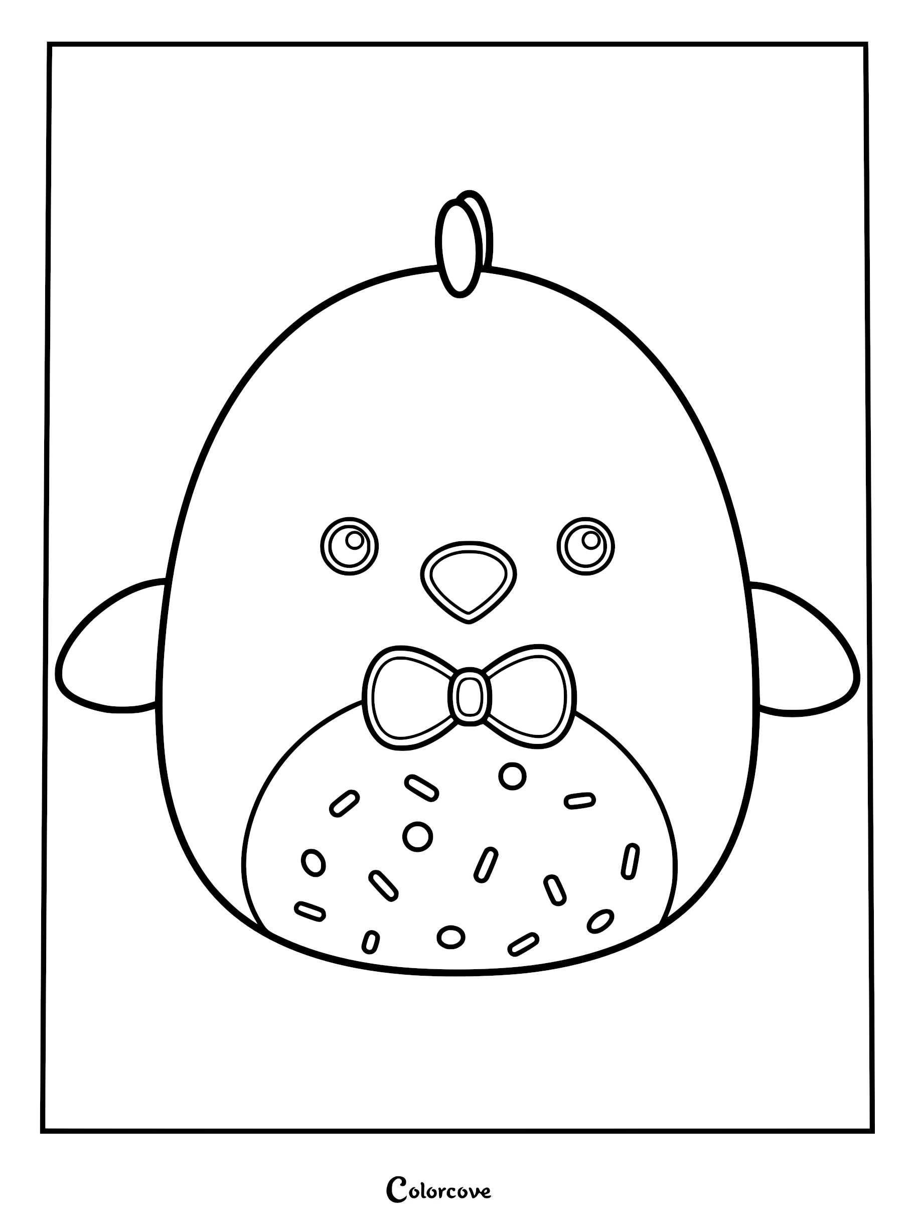 Printable coloring page featuring Harold the Chocolate Chick Squishmallow with a bowtie and sprinkle-patterned belly.