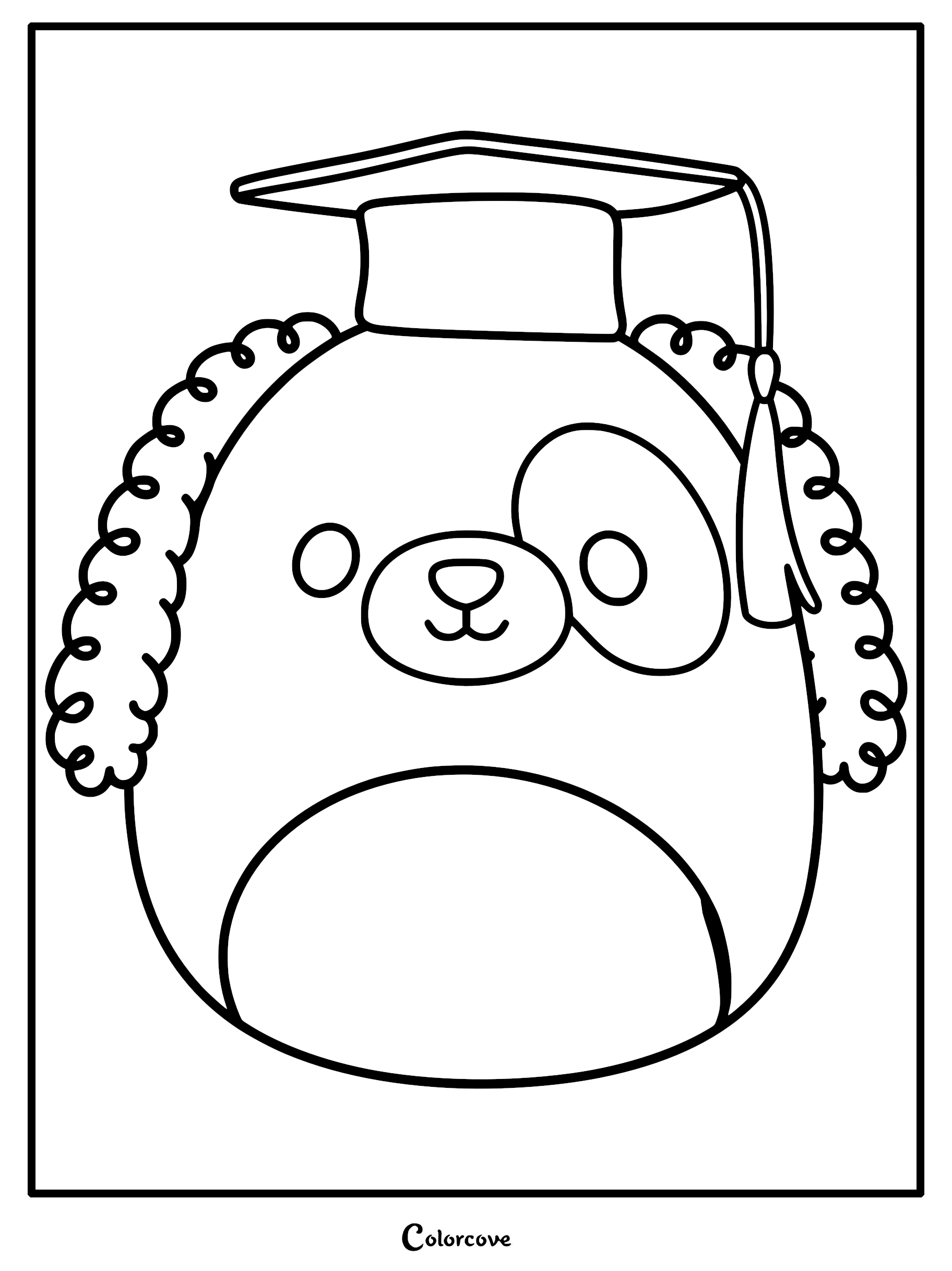 Harris the brown spotted dog Squishmallow wearing a graduation cap with tassel, printable line art coloring page.