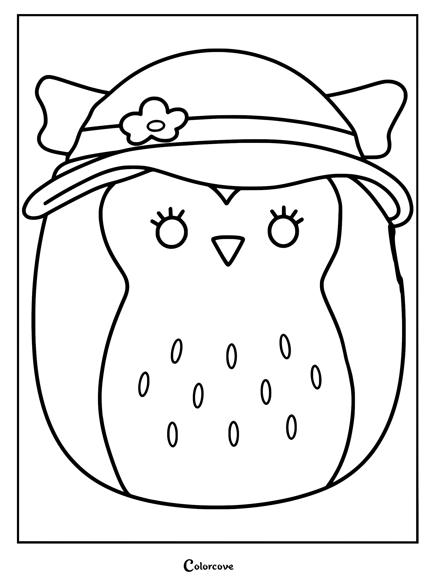 Printable coloring page of Holly the Purple Owl Squishmallow wearing a wide-brimmed flower hat with oval belly patches.