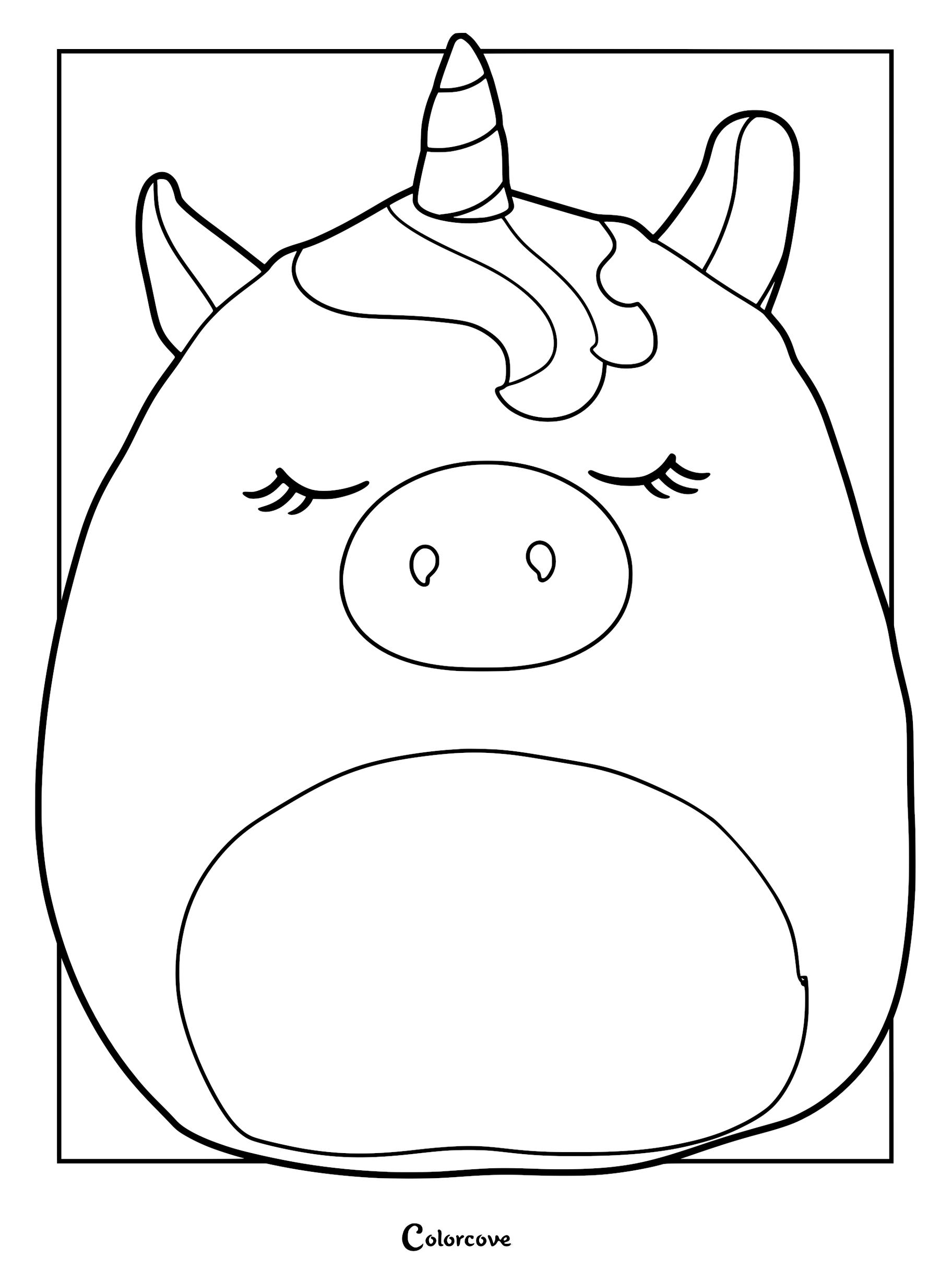 Printable Ilene the Pink Unicorn Squishmallow coloring page featuring the cute unicorn with closed eyes and a spiral horn.
