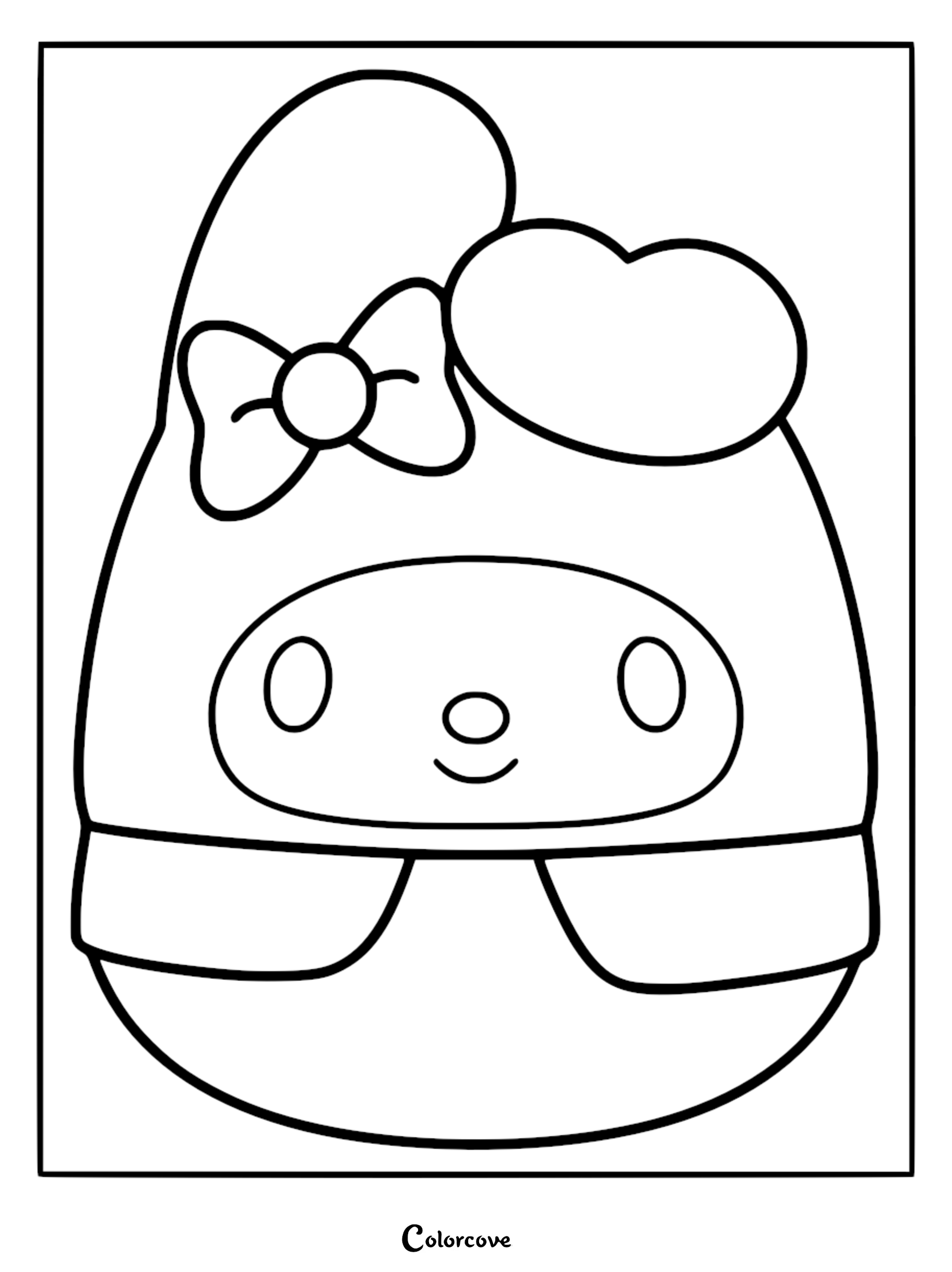 Free printable My Melody Squishmallow coloring page featuring the cute Sanrio character with her signature hood, bow, and heart detail.
