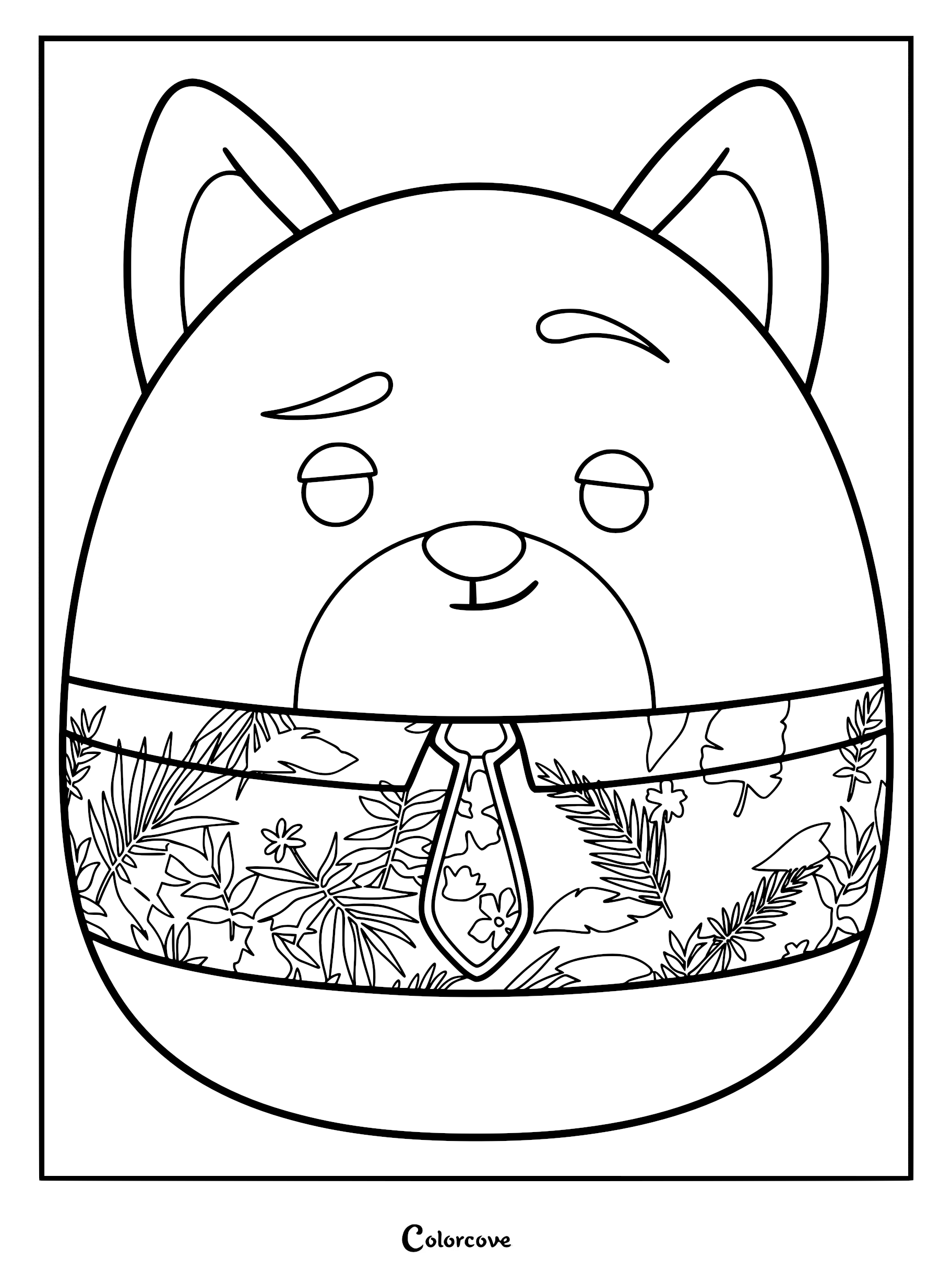 A printable free Squishmallow coloring page featuring the fox Nick Wilde wearing a tropical leaf print shirt and tie.