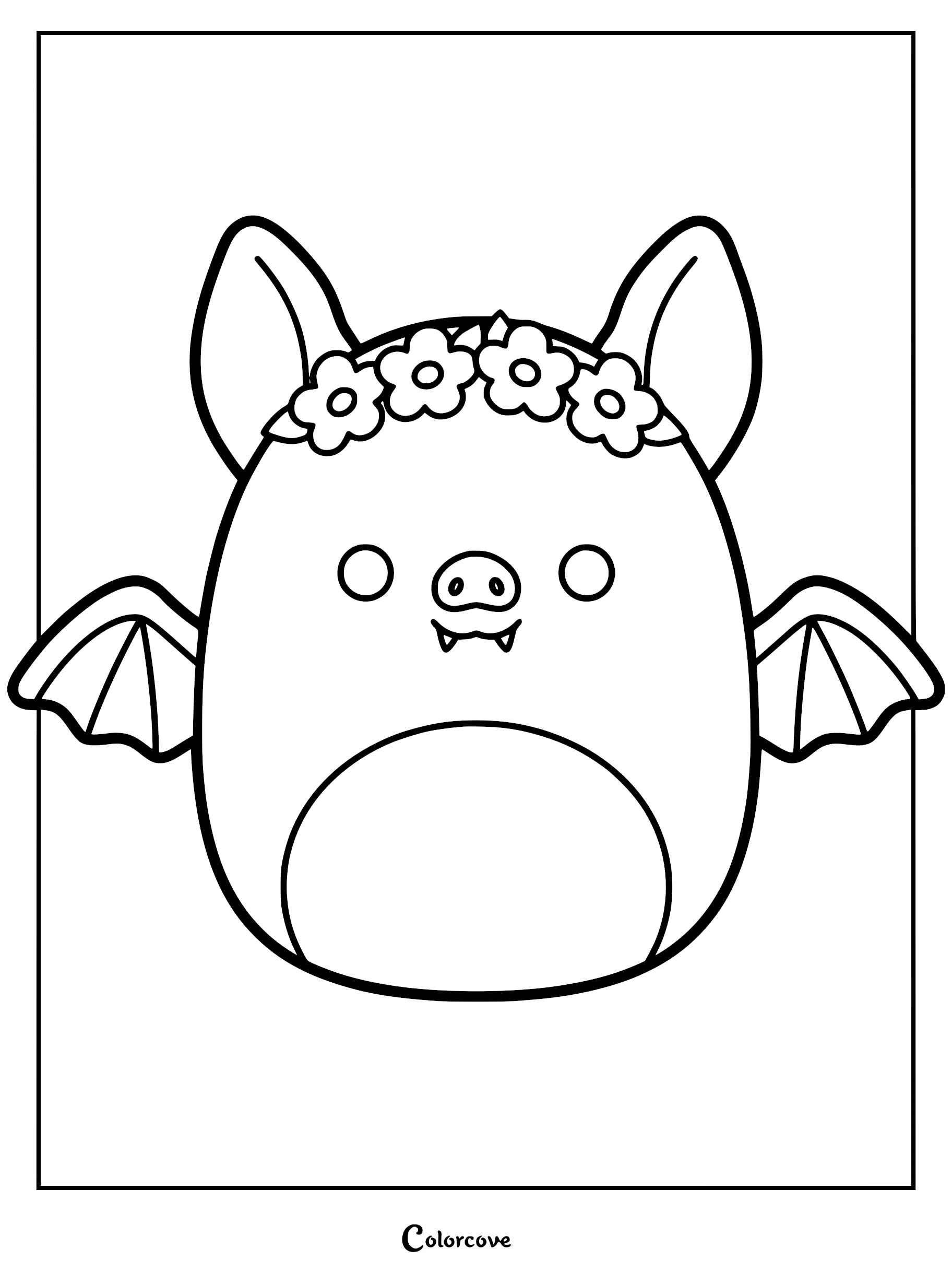 A printable coloring page featuring Nicolas the Bat Squishmallow wearing a cute floral crown between his pointed ears.