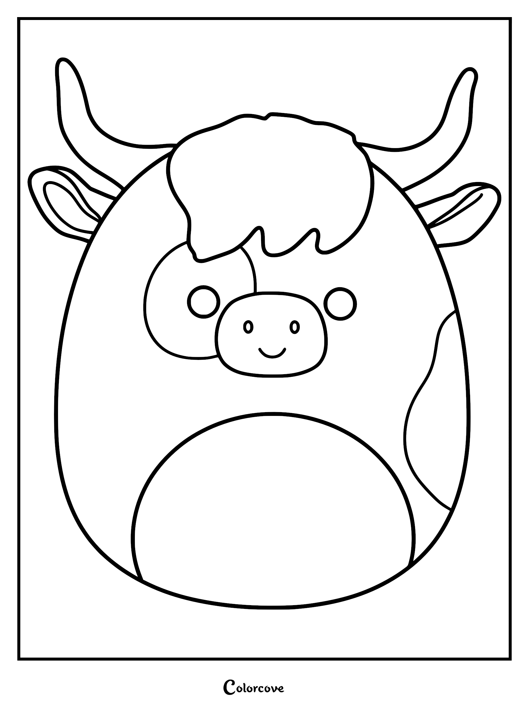Printable coloring page featuring Osgood the Highland Cow Squishmallow with shaggy hair, curved horns, and a spotted belly.