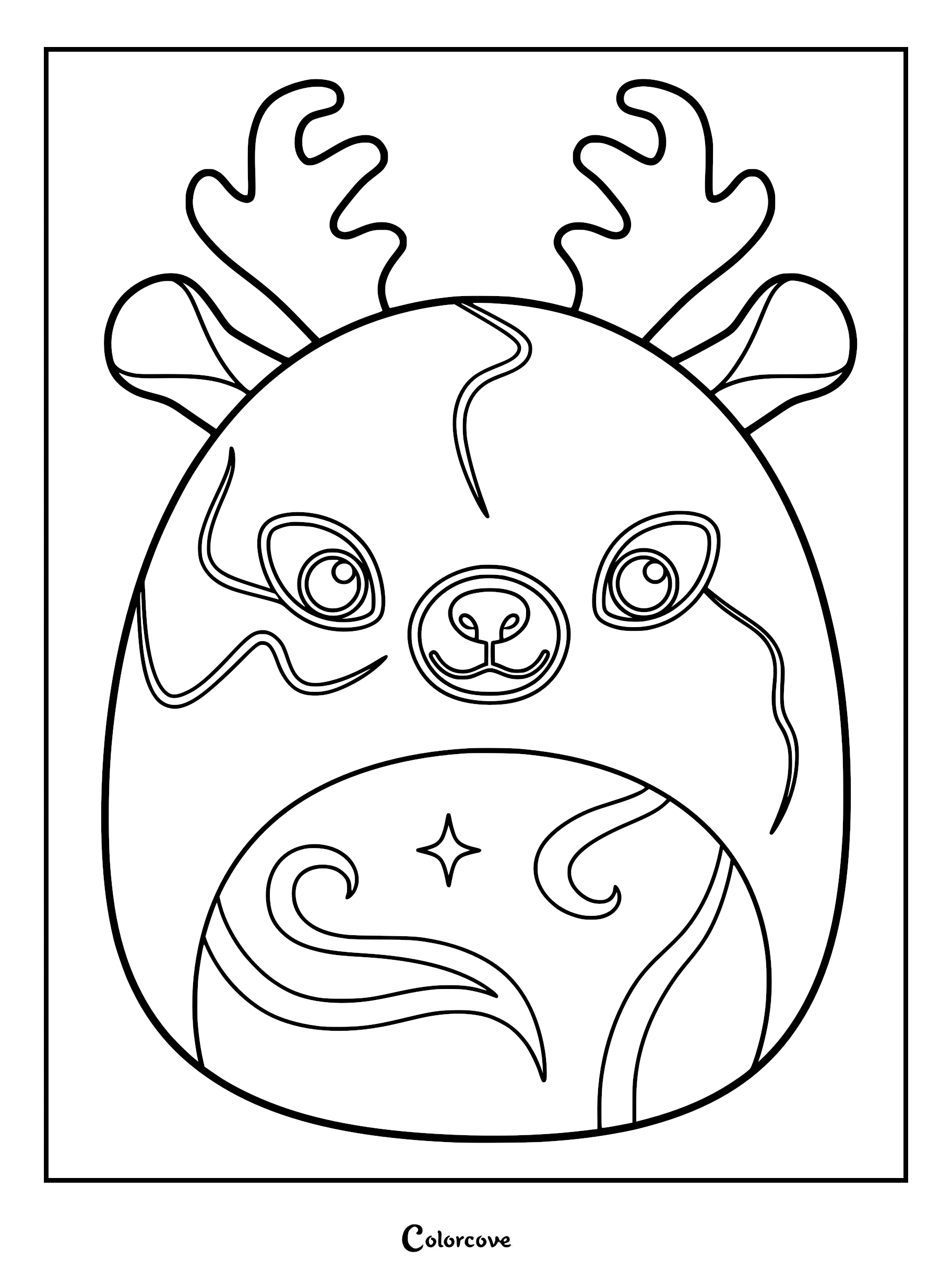 A printable Squishmallow Patronus coloring page featuring a round, deer-like creature with antlers, ethereal swirling magical lines, and a sparkling star detail.