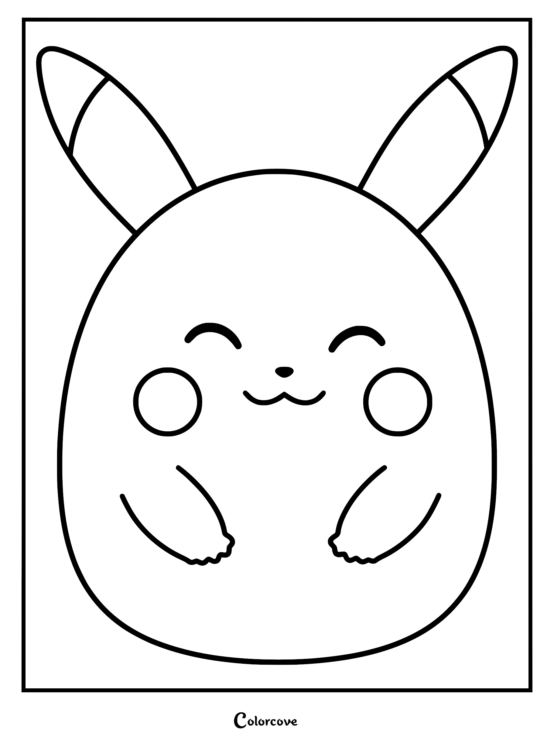A cute, round Squishmallow-style Pikachu character in a minimalist line art coloring page, featuring small paws, rosy cheeks, and long pointed ears.