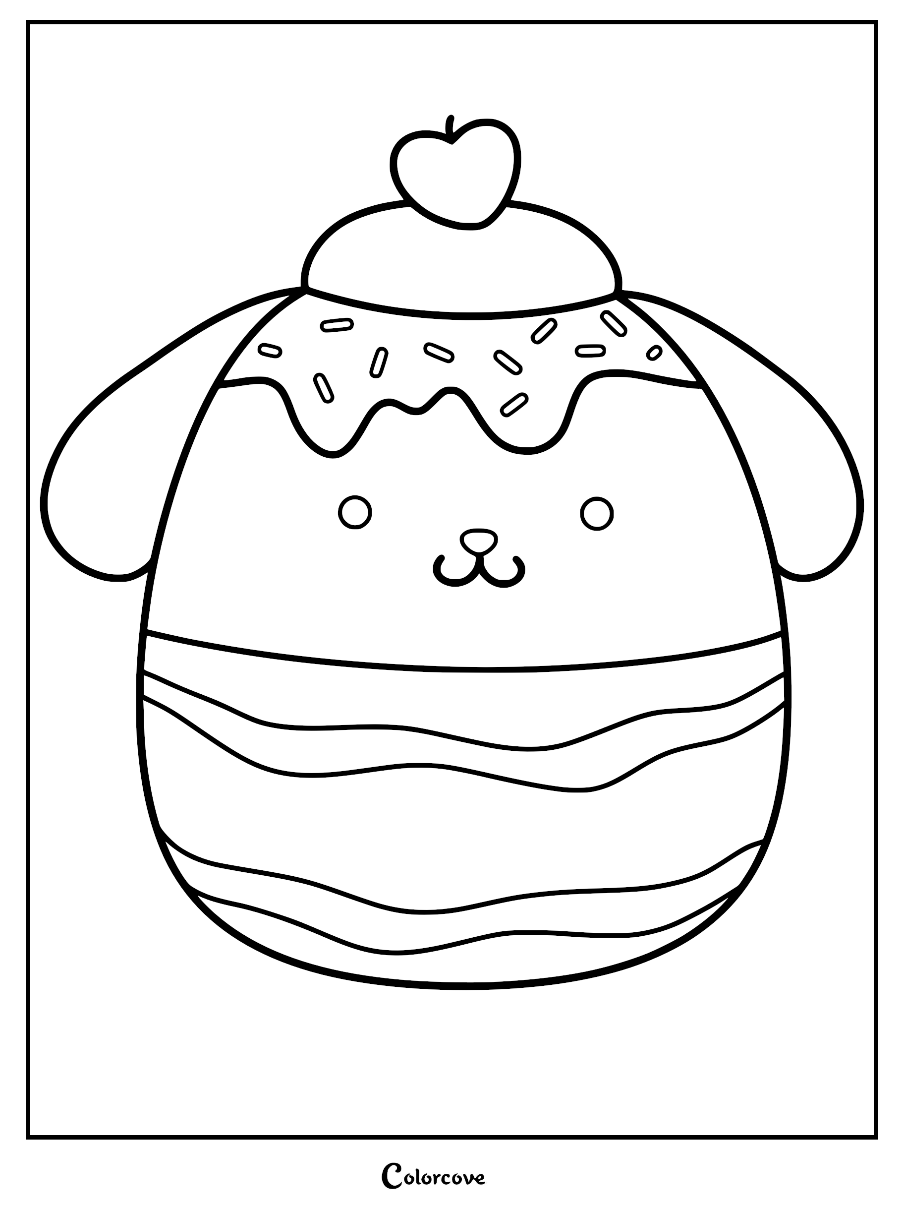 A printable free Squishmallow coloring page featuring Pompompurin wearing a cherry-topped dessert hat with sprinkles.