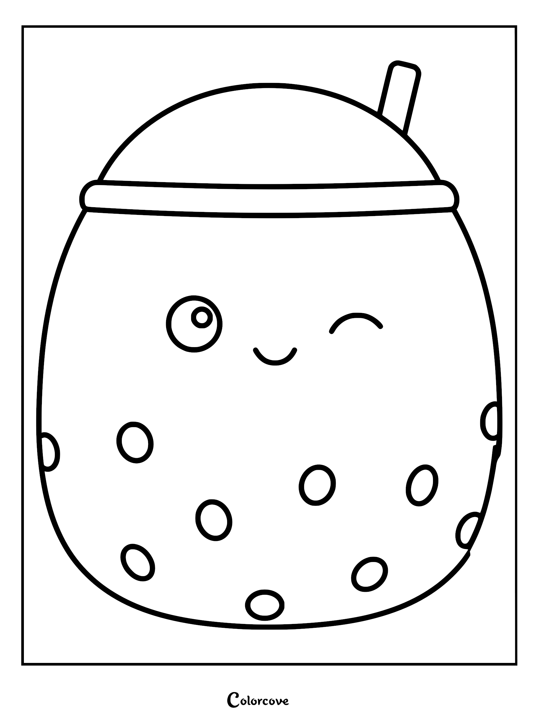 A printable coloring page featuring Poplina the purple boba tea Squishmallow with a winking face and boba pearls.