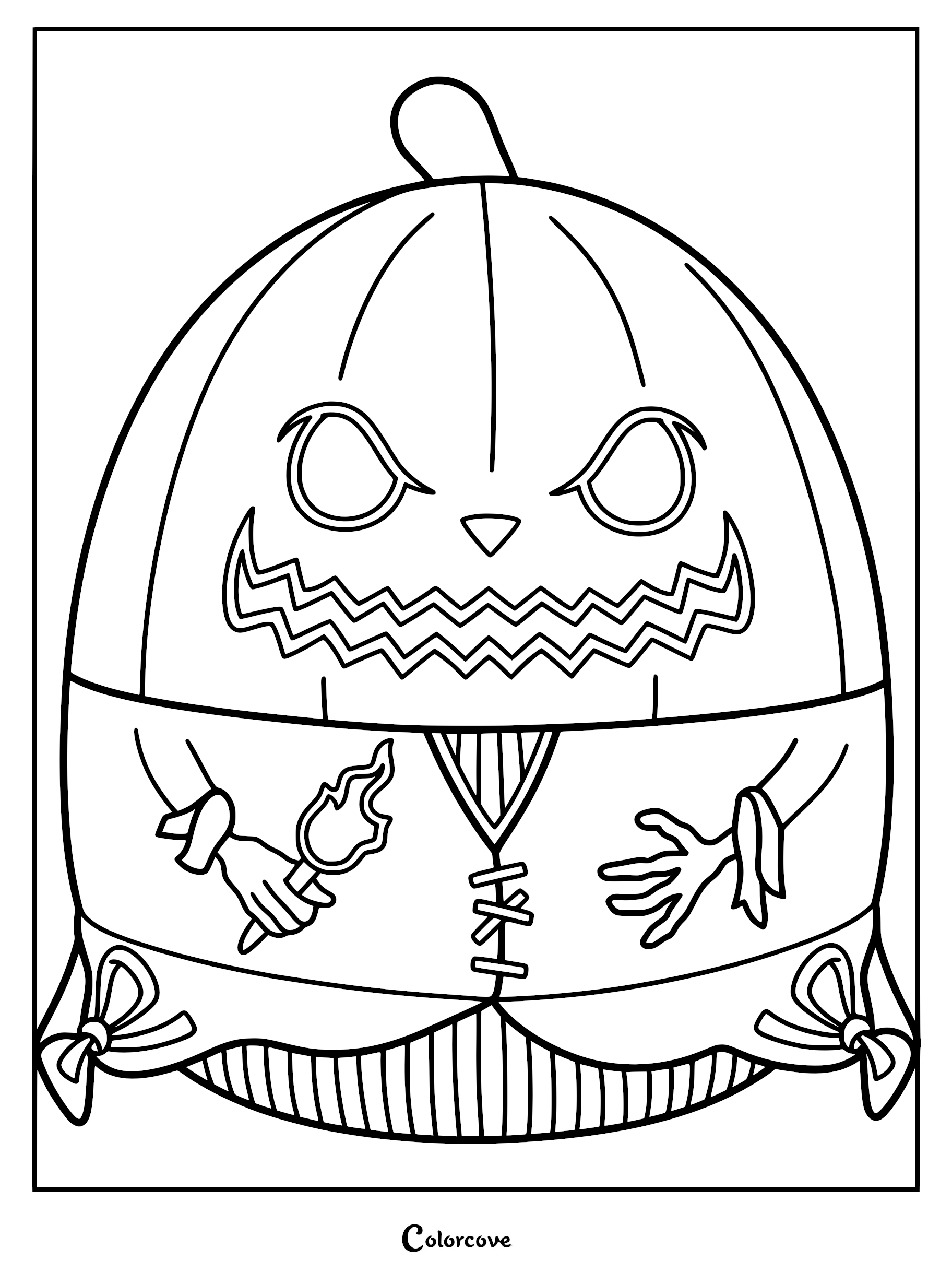 Pumpkin King Jack Skellington Squishmallow coloring page with a pumpkin head, jagged grin, and a suit featuring a torch held in his hand.