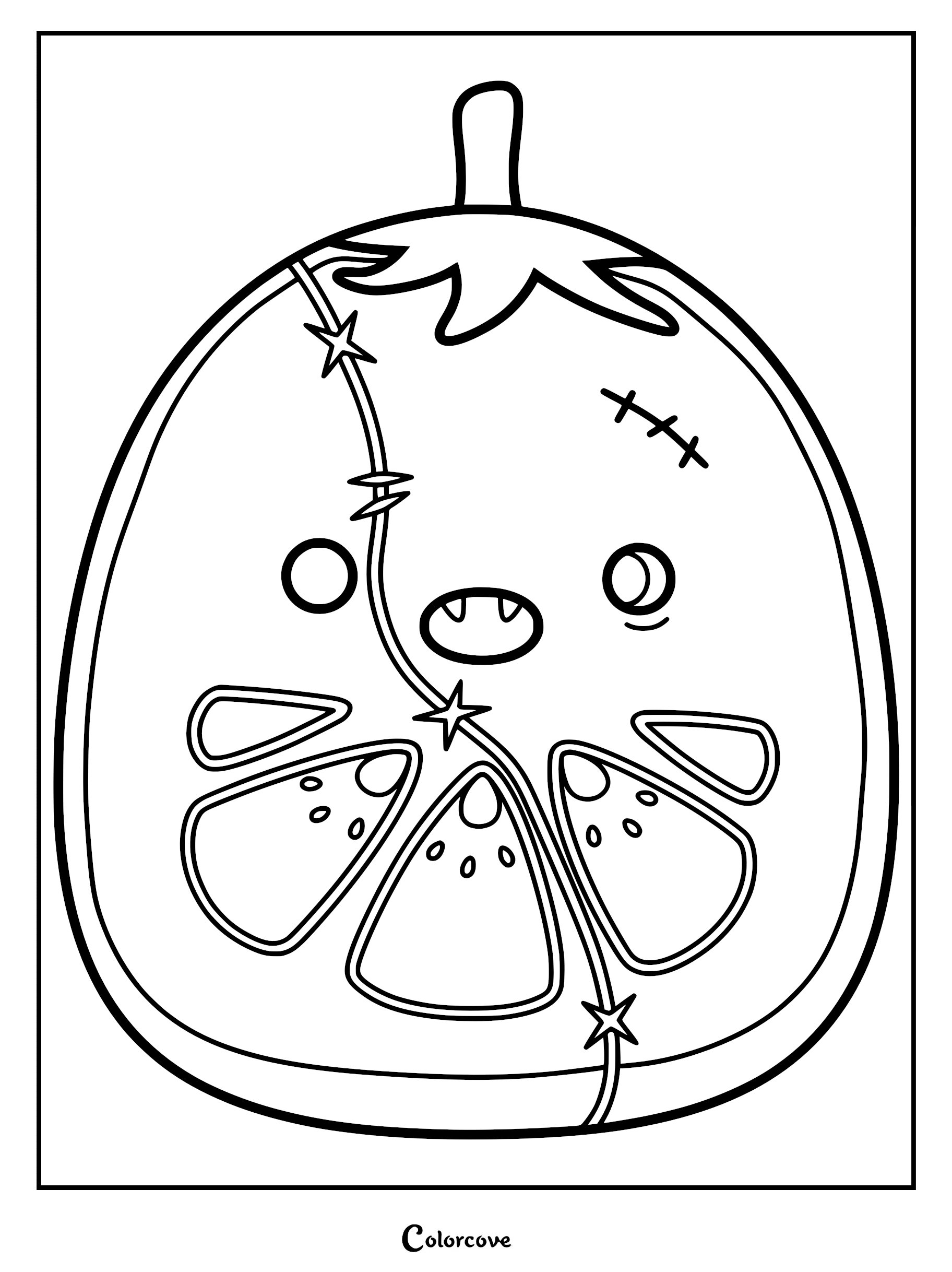 A printable coloring page featuring Ritter the Zombie Tomato Squishmallow with a stem, stitches, fangs, and a sliced tomato segment interior.