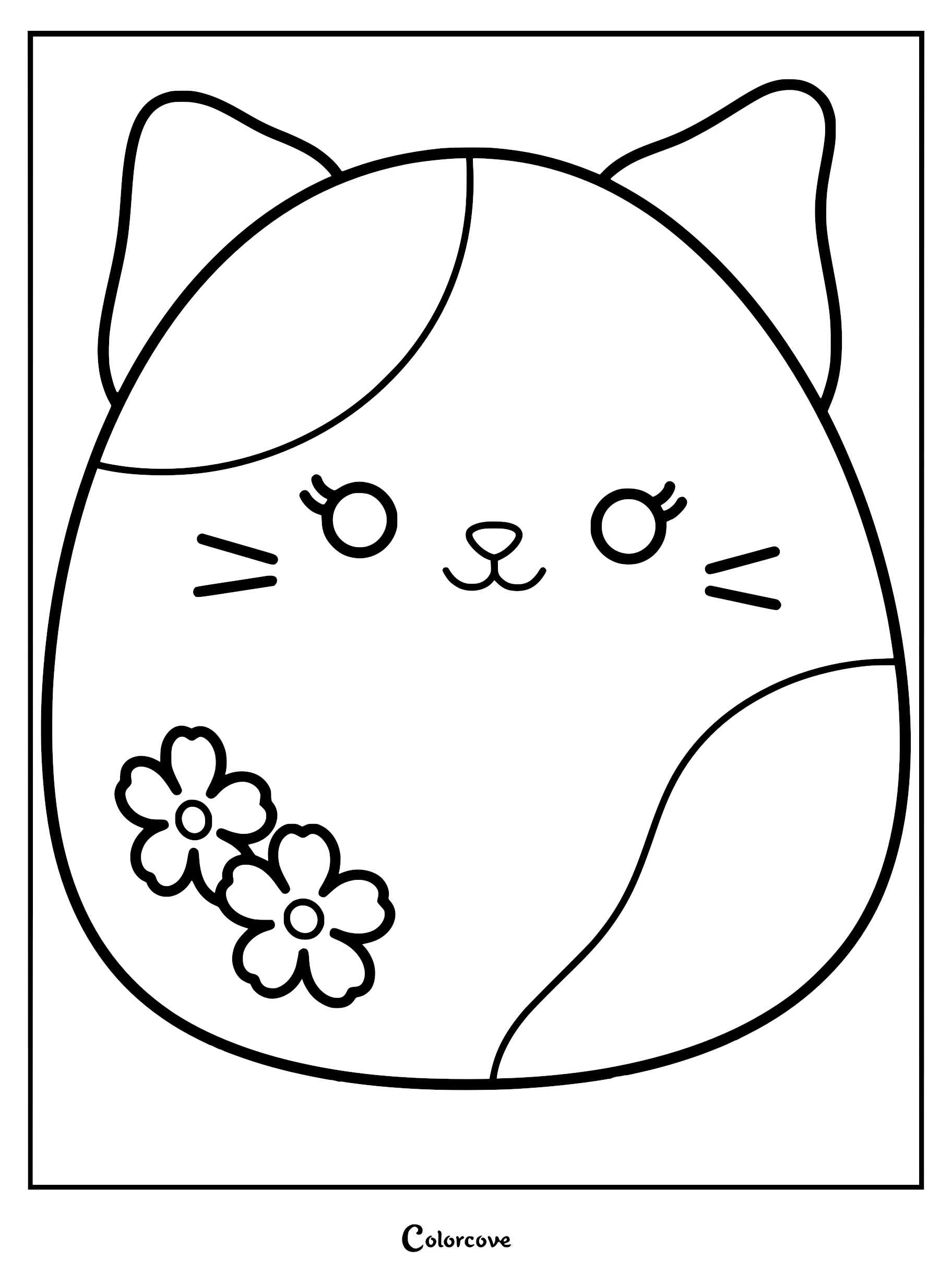 Printable coloring page featuring Roseanne the Squishmallow cat with two sakura flowers and patches.