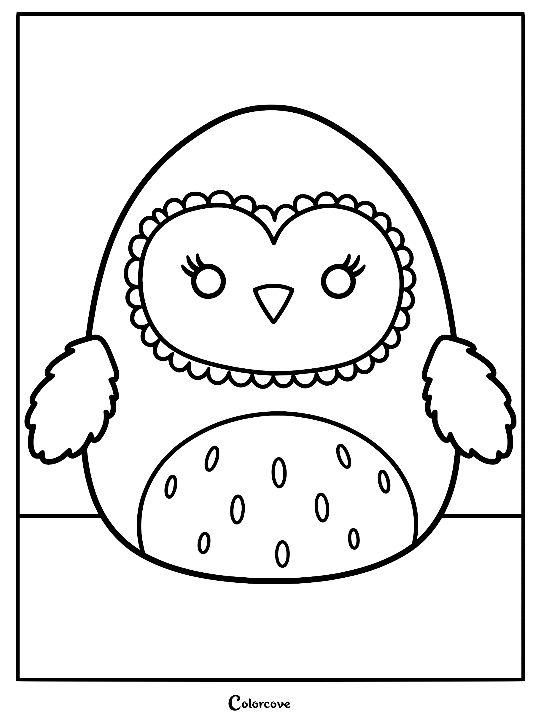 Scarlito the Purple Barn Owl Squishmallow with ruffled face detail, long eyelashes, and spotted belly as a printable coloring page.