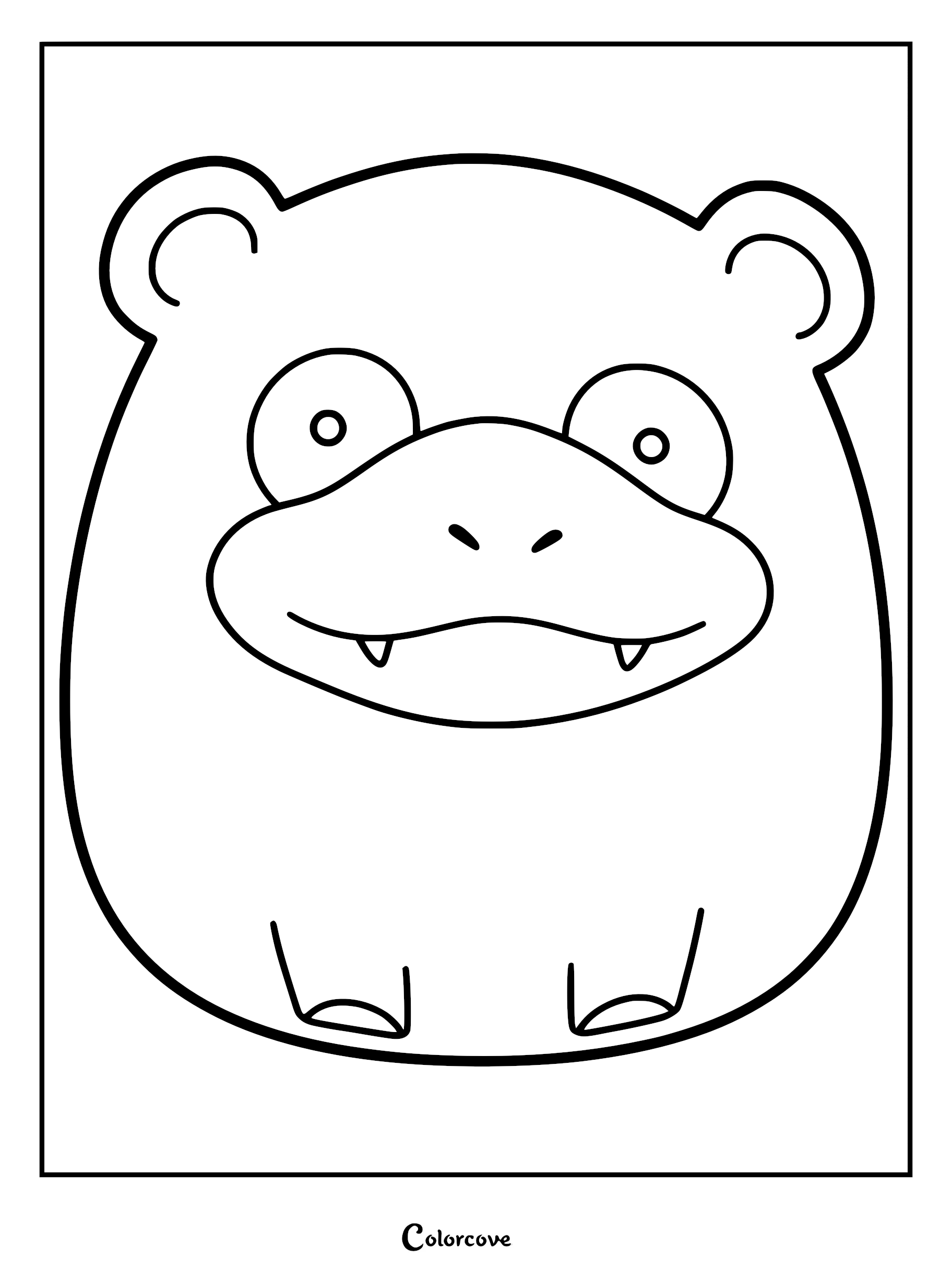 A cute, round Squishmallow-style line art drawing of the Pokemon Slowpoke, featuring a wide face, large circular eyes, and two small fangs in a simple coloring page format.