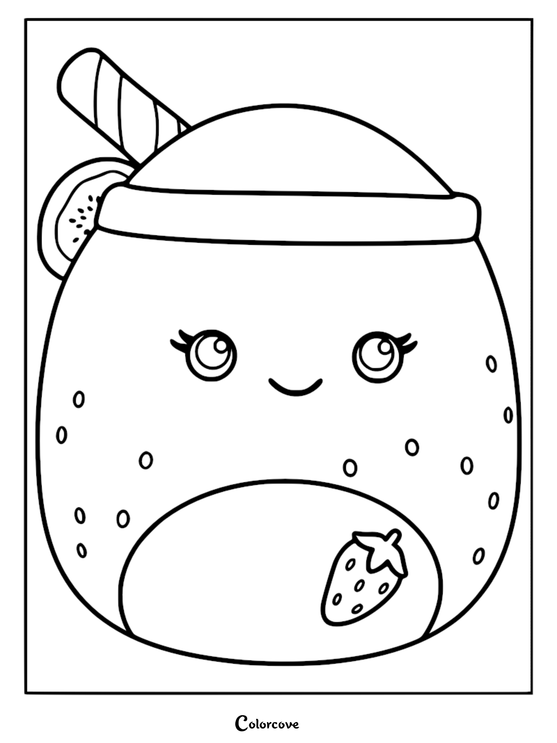 A printable coloring page featuring Snell the Strawberry Squishmallow, depicted as a cute round plushie with a strawberry garnish and a striped straw, outlined in bold black lines.