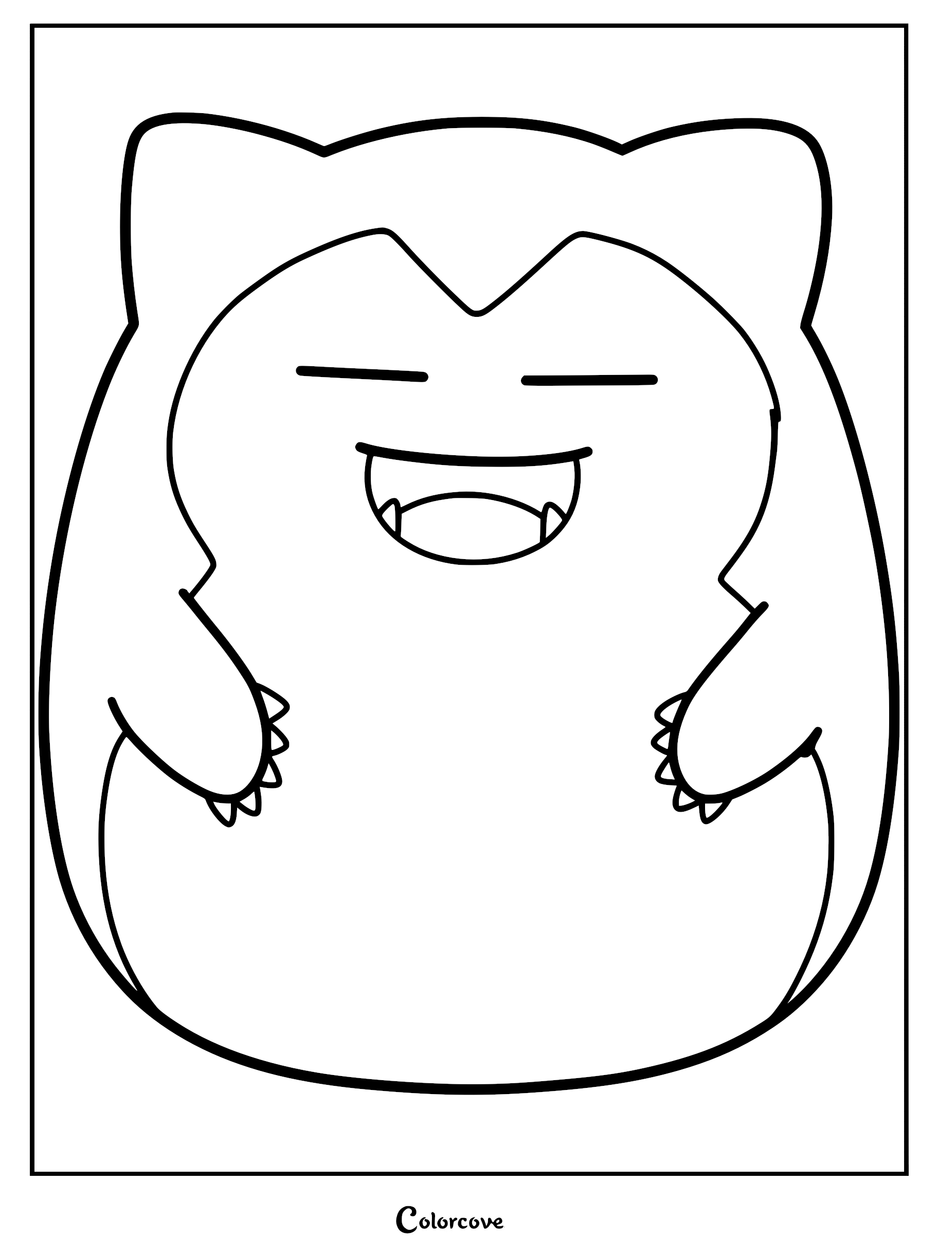 A printable coloring page featuring a Snorlax designed in the soft, round style of a Squishmallow plushie with a happy closed-eye smile.