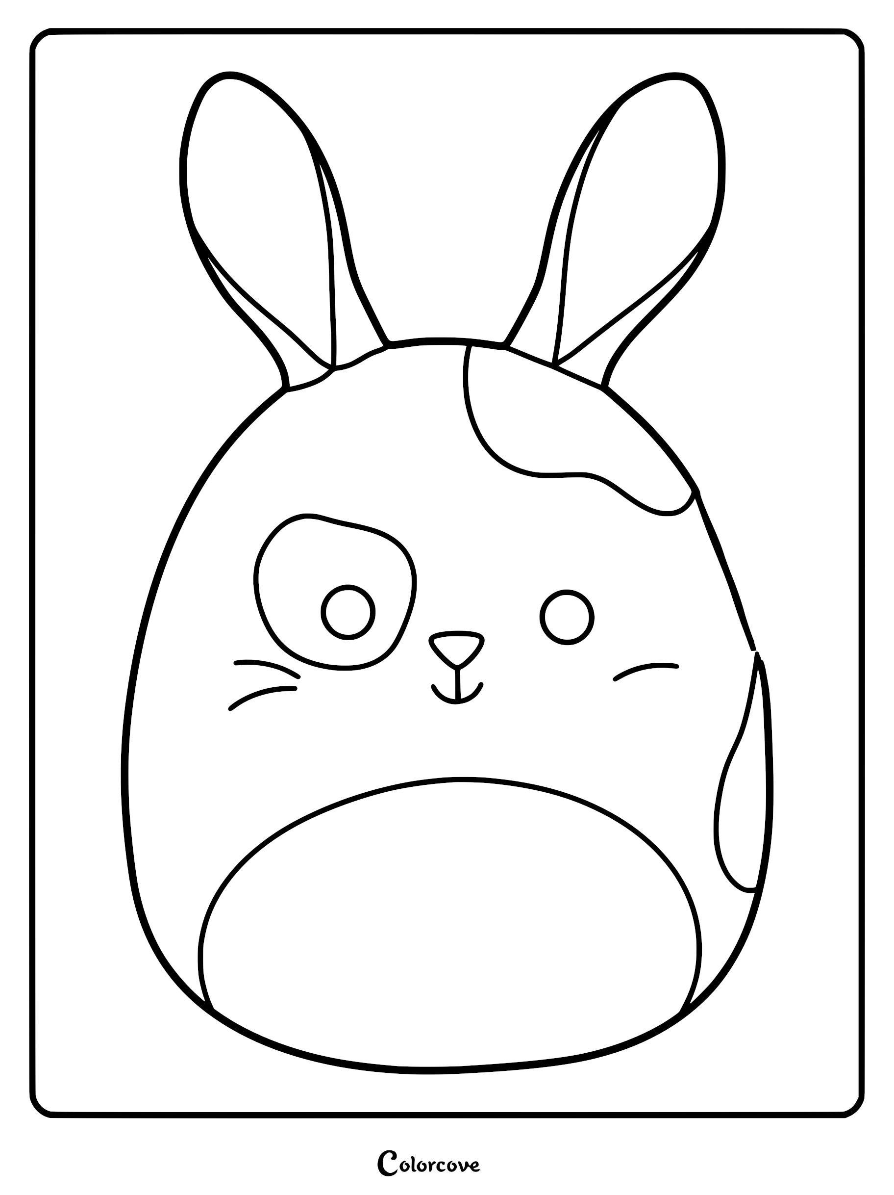 Printable coloring page of Bennett the Dutch Bunny Squishmallow, featuring tall rabbit ears, a spotted eye patch, and a round belly.