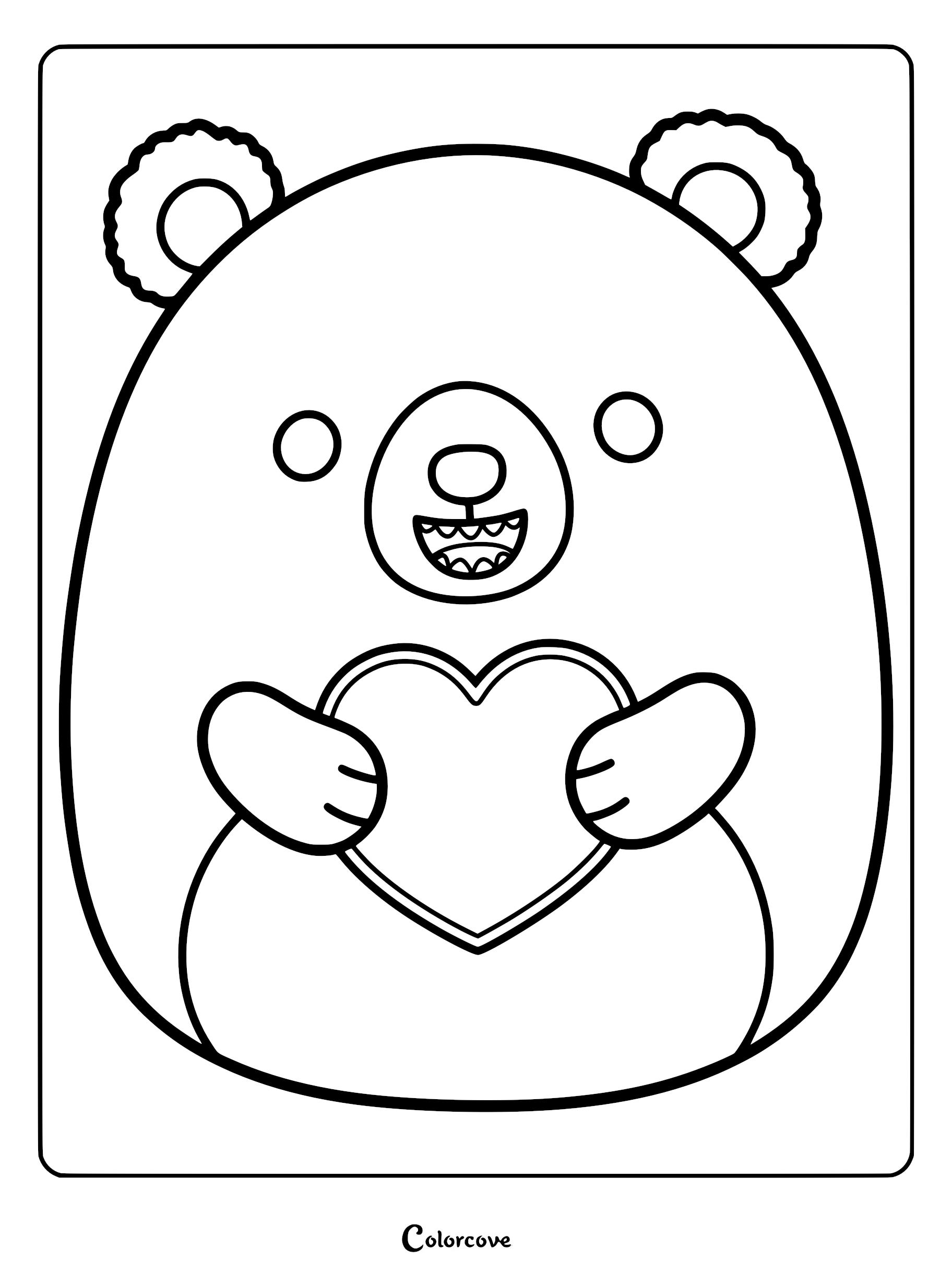 Printable Squishmallow coloring page featuring Stokely the round brown Kodiak bear holding a heart shape in its paws.