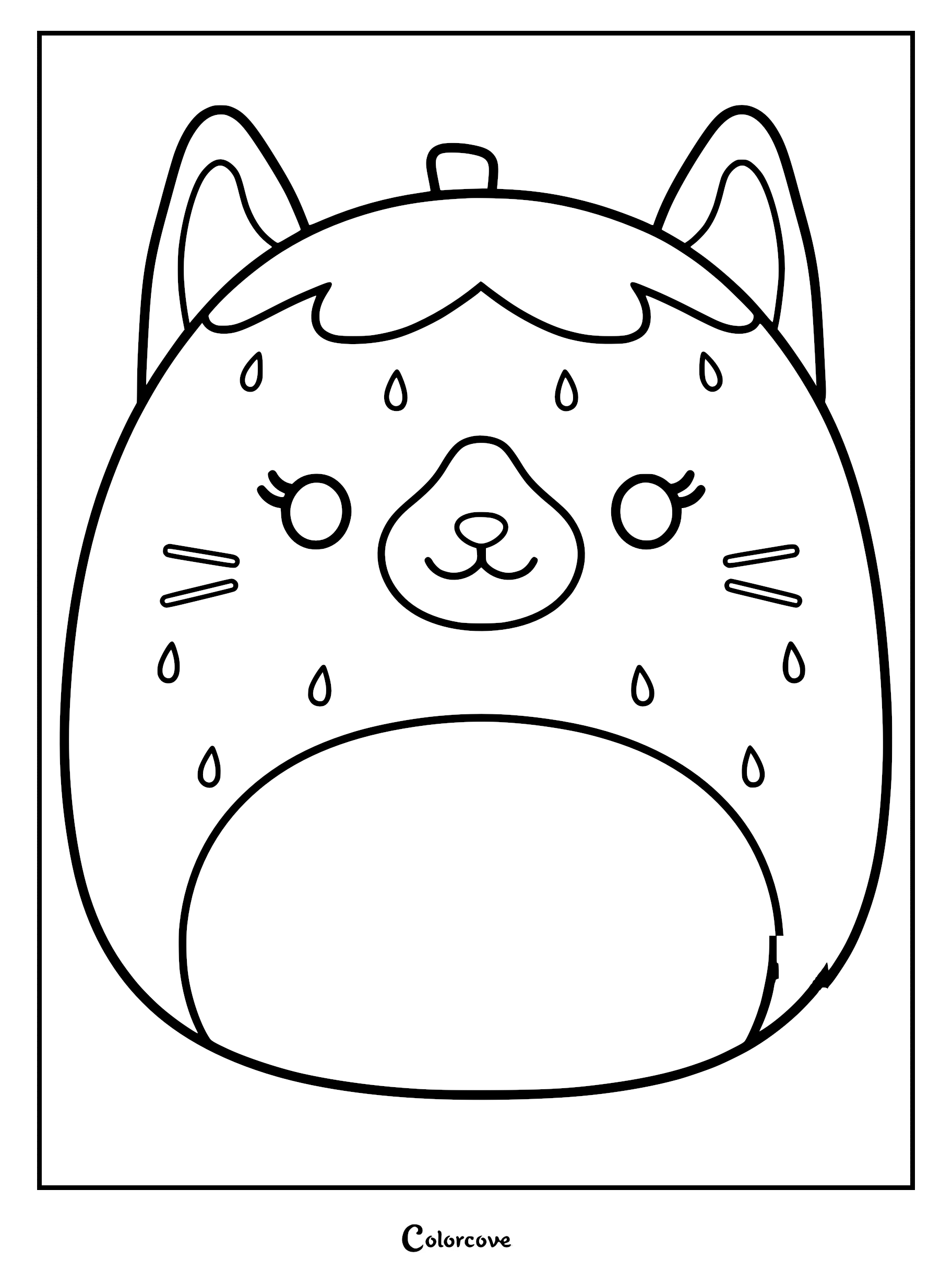 Printable coloring page of a cute Summer Strawberry Cat Squishmallow featuring a round cat face, strawberry seeds, and dainty eyelashes.