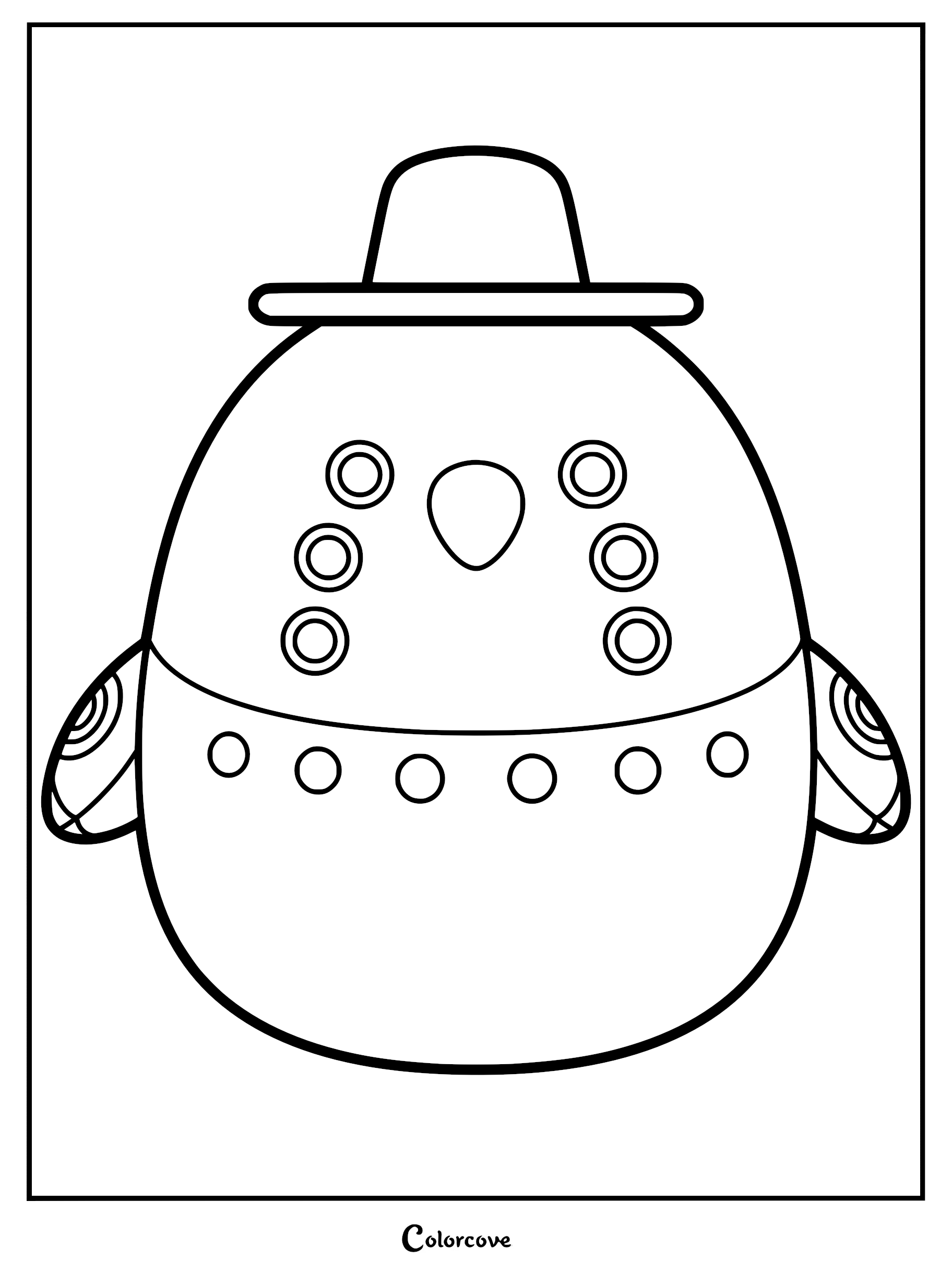 A printable coloring page of the Squishmallow Sussie character wearing a wide-brimmed hat, featuring her iconic six spider eyes, rounded beak, and circular body pattern.